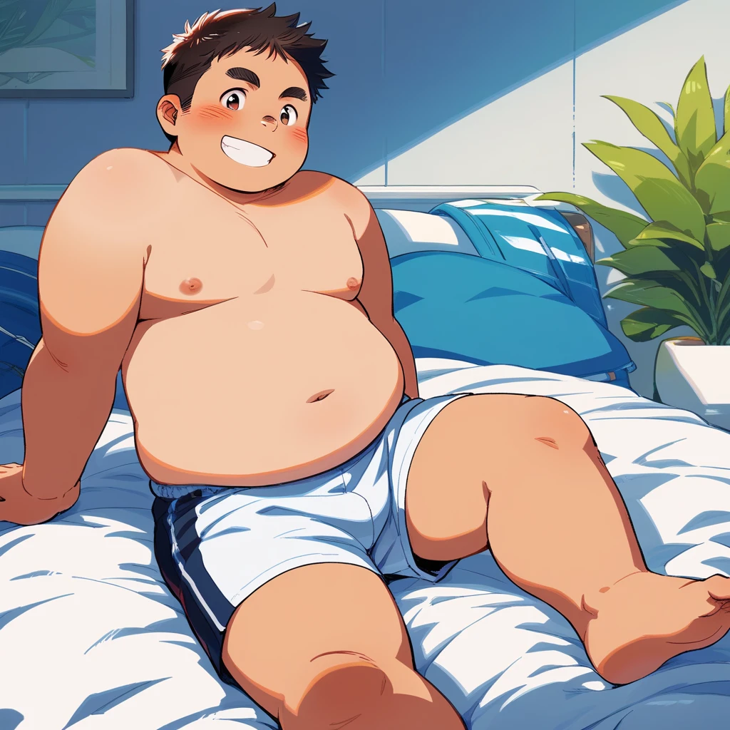 light blue striped trunks, Right fist lightly clenched