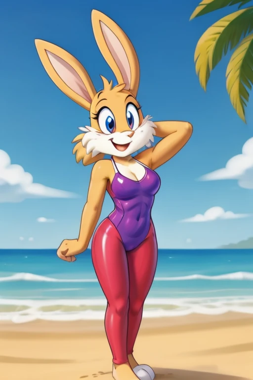lolabunny, 1girl, solo, furry female, rabbit ears, rabbit girl, animal nose,white gloves, blue eyes, body fur, standing, tail sleeveless,buck teeth,smile,{{{{{Big Hips}}}}}},{{{{{{Hips}}}}}},{{{{{{thicc}}}}}},{{{{Huge ass}}}},{{{{{{{{Fat ass}}}}}}}},{{{{{{{{Fat Hips}}}}}}}}, {{{{{{{{{{Fat}}}}}}}}}}, {{{{{{{{{{Plus Size}}}}}}}}}}, full body,looking at viewer, outdoors, bikini, swimwear, bra, red bikini,score_9, score_8_up, score_7_up, score_6_up, score_5_up, score_4_up