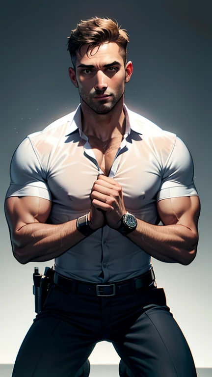 (Create a masterpiece: 1.2),(CGI art:1.3),(realistic:1.5),(After processing:1.3),(Sharp focus:1.3),1 man , straight, front ,Chris Redfield , (round neck T-shirt:1.2) ,Wear color navy round neck T-shirt with a police badge: 1.4), Navy blue jeans, Korean guy , korean men, (High gloss details), chest muscles, large arm muscles, blood vessel, Big muscles, Broad shoulders, looking at the audience, Balancing the eyes, middle of the road ,dark black gloomy hallway in the background, detailed face, shadow, volumetric lighting ,(open mouth:1.6) ,(Fire blazes behind), (run to camara)