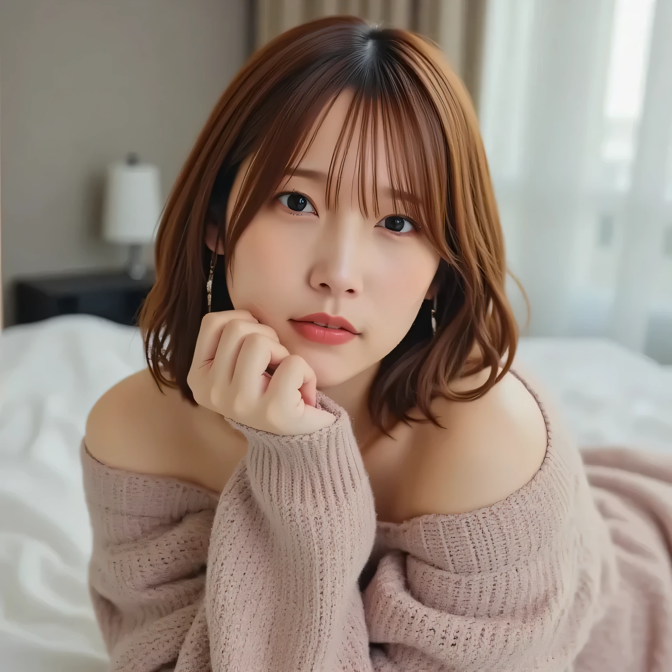 viewers, (Lola:Uchida Mari ) (8K)()(1 person,solo)(1 personの写真)(pink lipstick)()()()(Off Shoulder Sweater 1 :2)()(hotel)(Big Beautiful Breasts 1:2)(Lie face down on the bed)