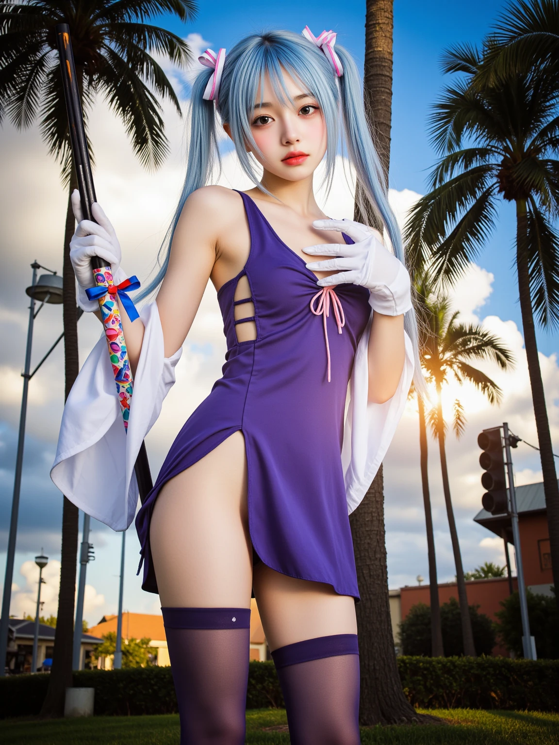<lora:miku_bunny:1>, bunny_leotard, hatsune miku, best quality, masterpiece, illustration, realistic, photo-realistic, amazing, finely detail, incredibly absurdres, huge filesize, ultra-detailed, highres, extremely detailed CG unity 8k wallpaper, nsfw, A beautiful young woman with Korean-style facial features resembling a popular actress, with long blue twintails, wearing a white playboy bunny costume with white sailor collar and short blue necktie, white wrist cuffs, and blue highleg leotard top with low-cut fur-trimmed sweetheart neckline ending above midriff, sheer white pantyhose, standing outdoors surrounded by a profusion of falling cherry blossom petals, realistic style.