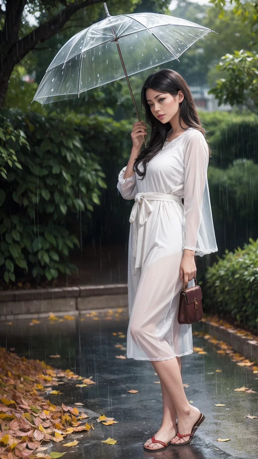 Beautiful and elegant lady wearing robe, soaked, walking in rain