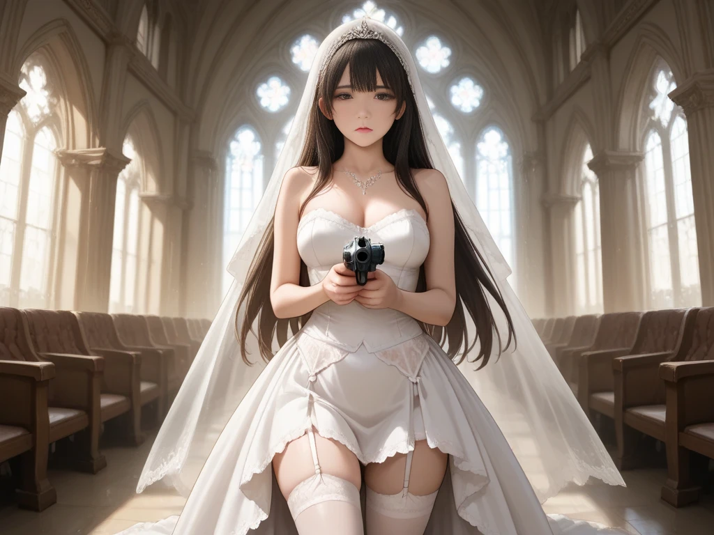 (RAW photo:1.2), (realistic), beautiful detailed girl, very detailed eyes and face, beautiful and detailed eyes, huge file size, High resolution, very detailed, highest quality, [table top:1.6], shape, very detailed, small details, highest quality, 8k wallpaper, movie lighting,woman in a torn wedding dress, hold a gun and fight something, ruined cathedral, Fight bravely, Desolate world, A white bra is visible through the torn wedding dress, I can see white pants, dark mysterious cathedral, look of fear, slender body, young face, immature body, underwear exposed, white high heels