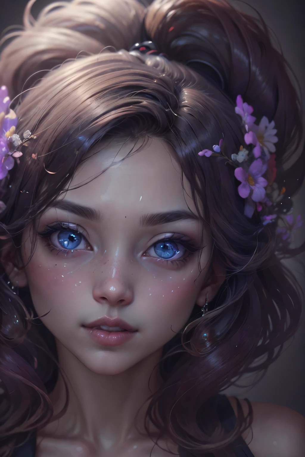 1girl, flowers, detailed, realistic, lighting, volumetric lighting, focus, deep purple, colorful, paint, illustration, masterpiece, pink eyes, glowing eyes, face focus, closeup shot, closeup, ((extreme details)), freckles, flower on hair