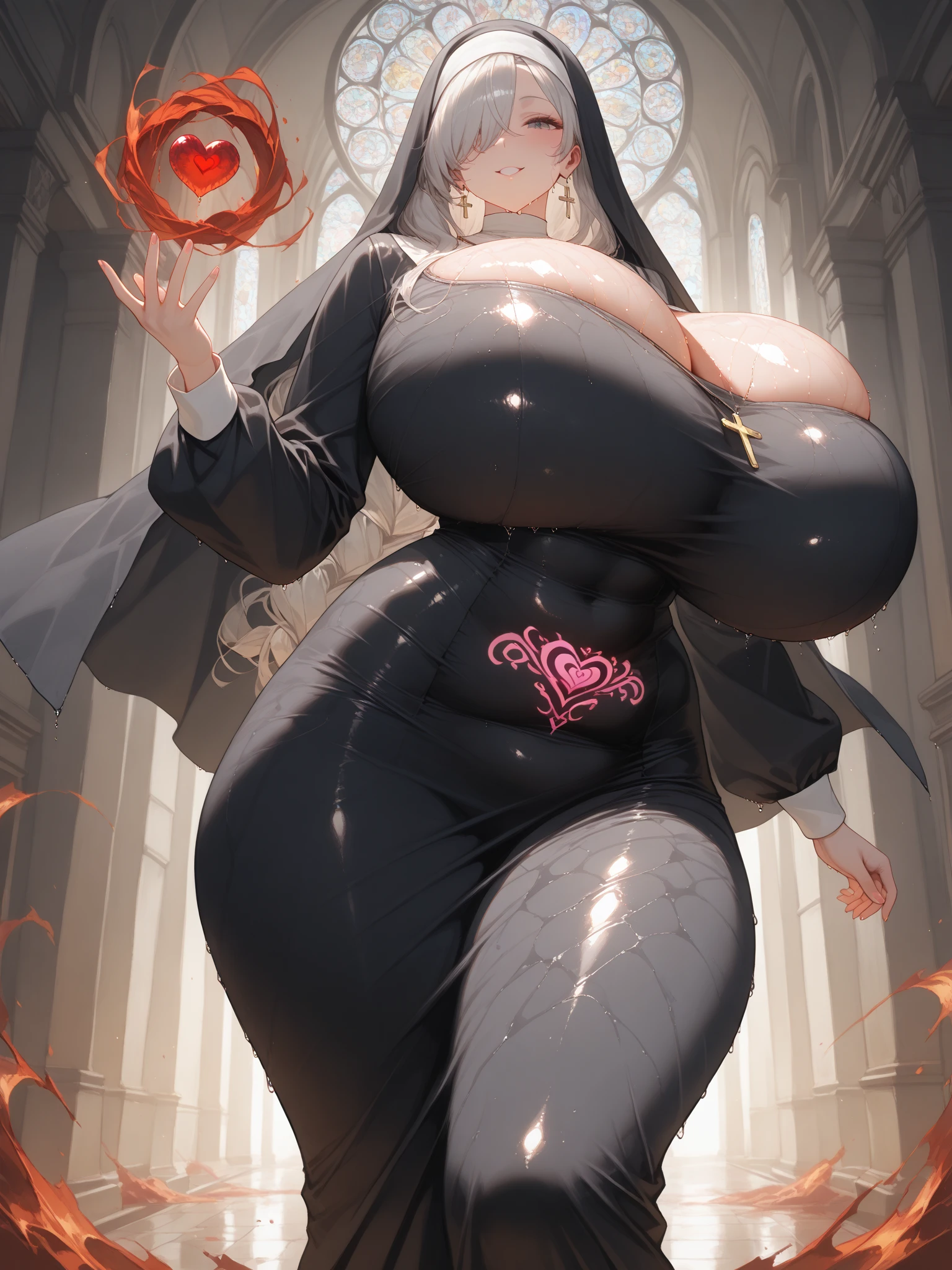 score_9, score_8_up, score_7_up, score_6_up, score_5_up, score_4_up, solo, abyssal necromancer lady, white hair, ((long fluffy side locks)), hair tubes, big thick full lips, ((pouted lips)), ((mature woman)), milf, ((full body)), ((NSFW)), sexy, stoic face, gold bracelets and necklaces, ((body jewelry)), topless, (((hooded cloak))), tattered black cloak, (((pelvic black curtain))), ((blindfold)), sandals, (((gigantic breasts))), ((sagging breasts)), big nipples, wide hips, thick thighs, intricate details, detailed background, sharp focus, ((heavy mist fog)), gravestones, moon, spirits, (((spiritual aura))), dynamic, expressive, bleak world, ((both hands raised up casting magic)), (((Cowboy shot)))