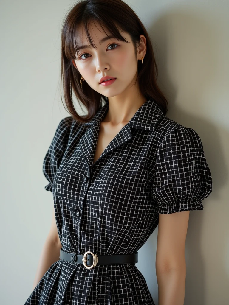 She is female she has black hair she has a striped shirt with a black skirt she has a black glamorous fuzzy she has black eyes 