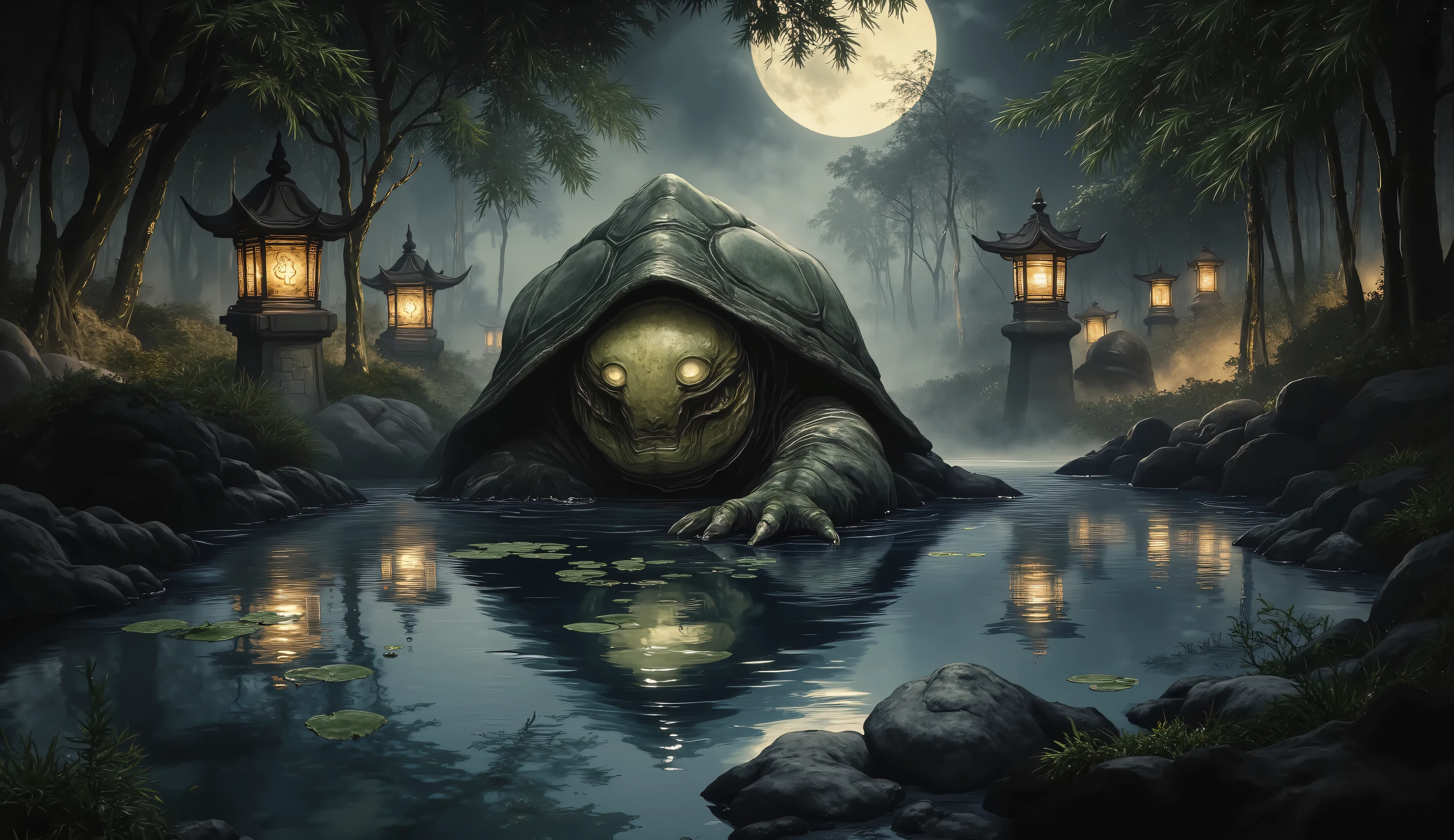 cinematic film still ancient Japanese kappa water spirit emerging from moonlit pond, turtle shell on back, webbed hands, bowl-shaped head depression, mysterious green skin, traditional Japanese setting, bamboo forest, stone shrine lanterns, lily pads, mist rising from water, dramatic moonlight, ethereal atmosphere, shallow depth of field, vignette, highly detailed, high budget film, cinemascope, moody, epic, gorgeous, mystical folklore creature, traditional Japanese art style, dark fantasy aesthetic, (masterpiece:1.2) (photorealistic:1.2) (best quality) (detailed textures:1.3) (intricate details) (8K) (HDR) (cinematic lighting) (sharp focus), moss-covered stones, reflections on water surface, atmospheric fog, ancient spiritual ambiance