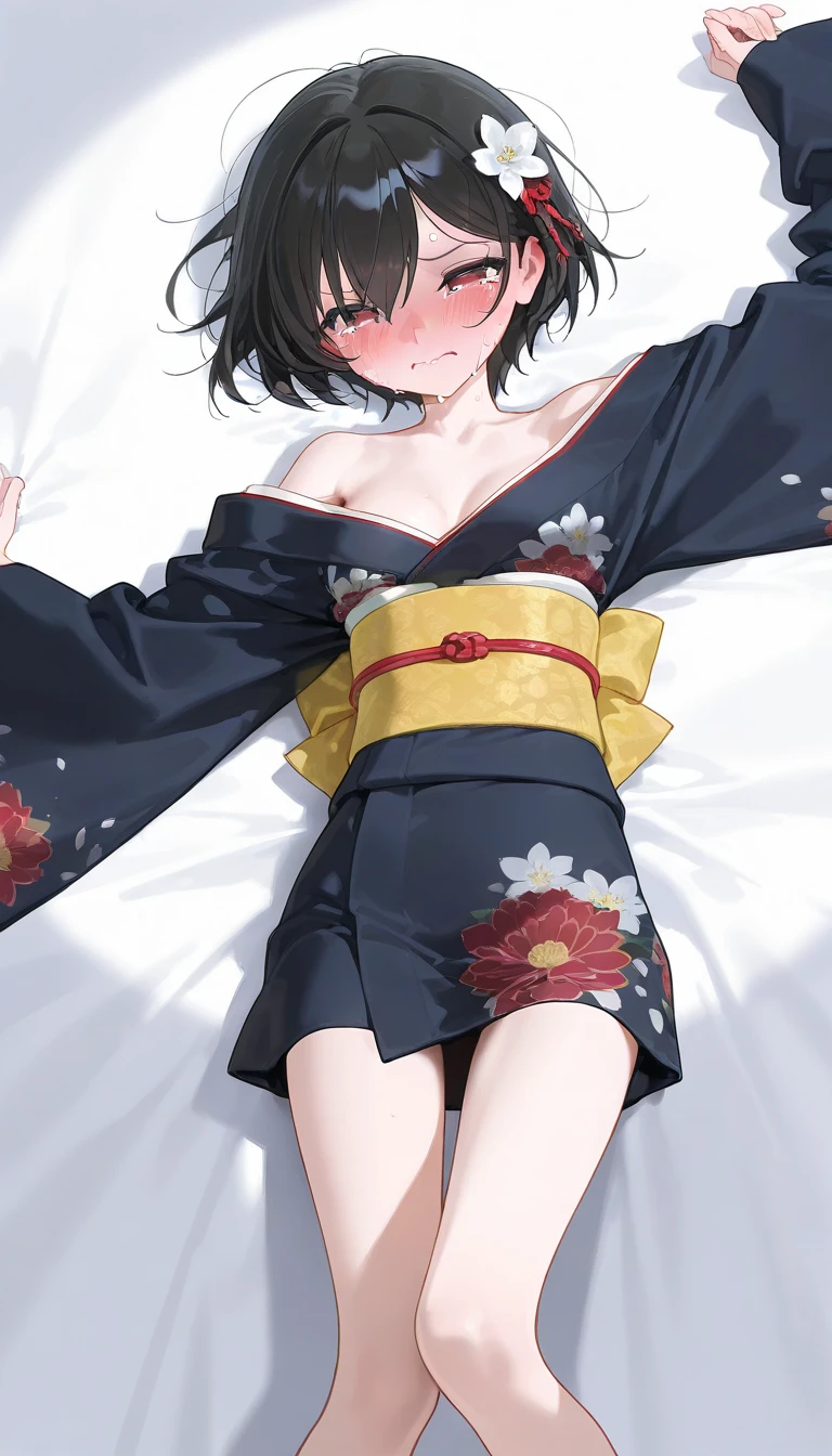 Erica、Pokémon、Black Hair、Short Hair、((pantyhose))、Photo from below、Medium chest、Bedroom、((Hakama))、One girl、boots、Red ribbon on head、((Black Bra))、(Leg spread)