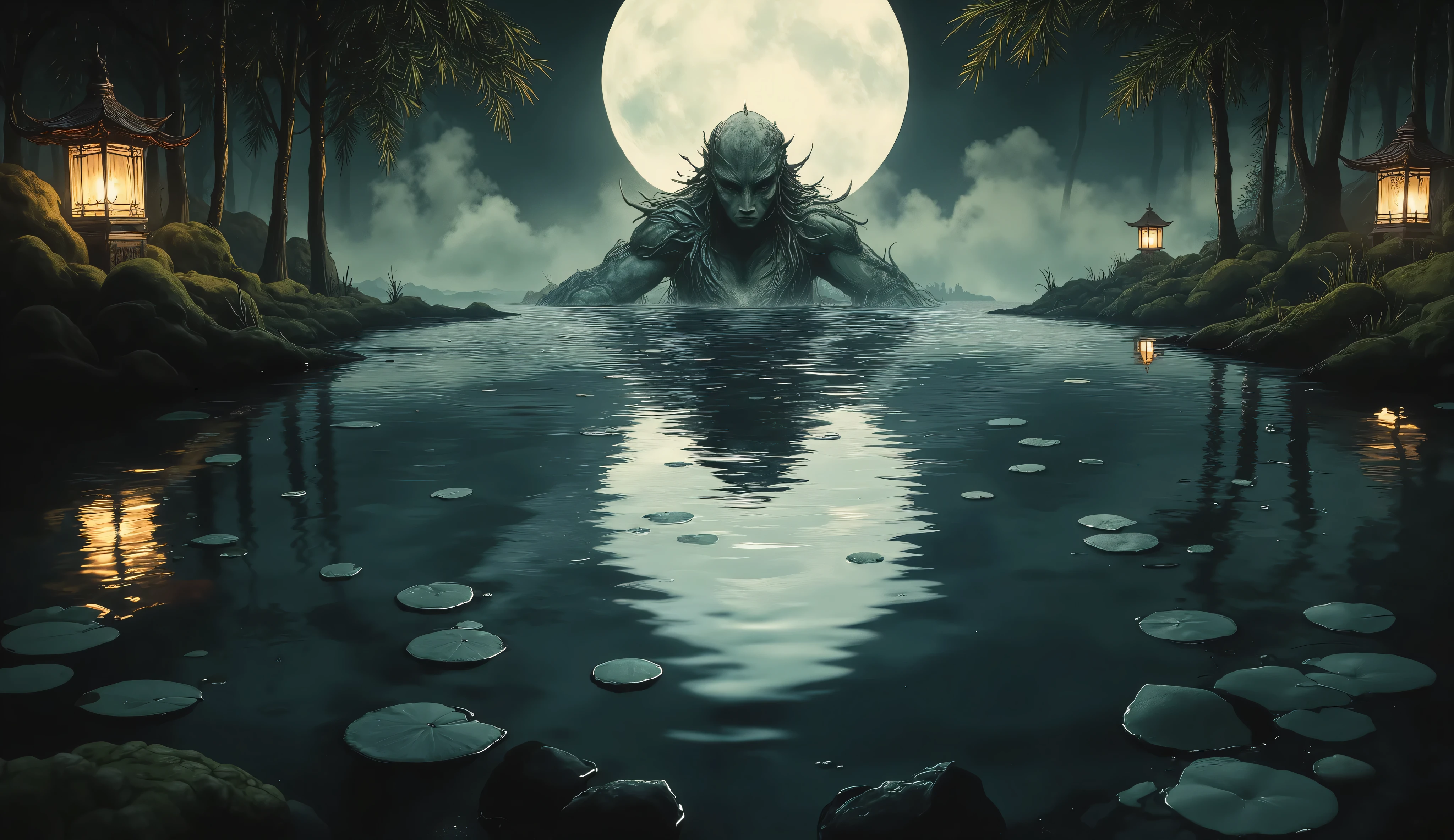 cinematic film still ancient Japanese kappa water spirit emerging from moonlit pond, turtle shell on back, webbed hands, bowl-shaped head depression, mysterious green skin, traditional Japanese setting, bamboo forest, stone shrine lanterns, lily pads, mist rising from water, dramatic moonlight, ethereal atmosphere, shallow depth of field, vignette, highly detailed, high budget film, cinemascope, moody, epic, gorgeous, mystical folklore creature, traditional Japanese art style, dark fantasy aesthetic, (masterpiece:1.2) (photorealistic:1.2) (best quality) (detailed textures:1.3) (intricate details) (8K) (HDR) (cinematic lighting) (sharp focus), moss-covered stones, reflections on water surface, atmospheric fog, ancient spiritual ambiance