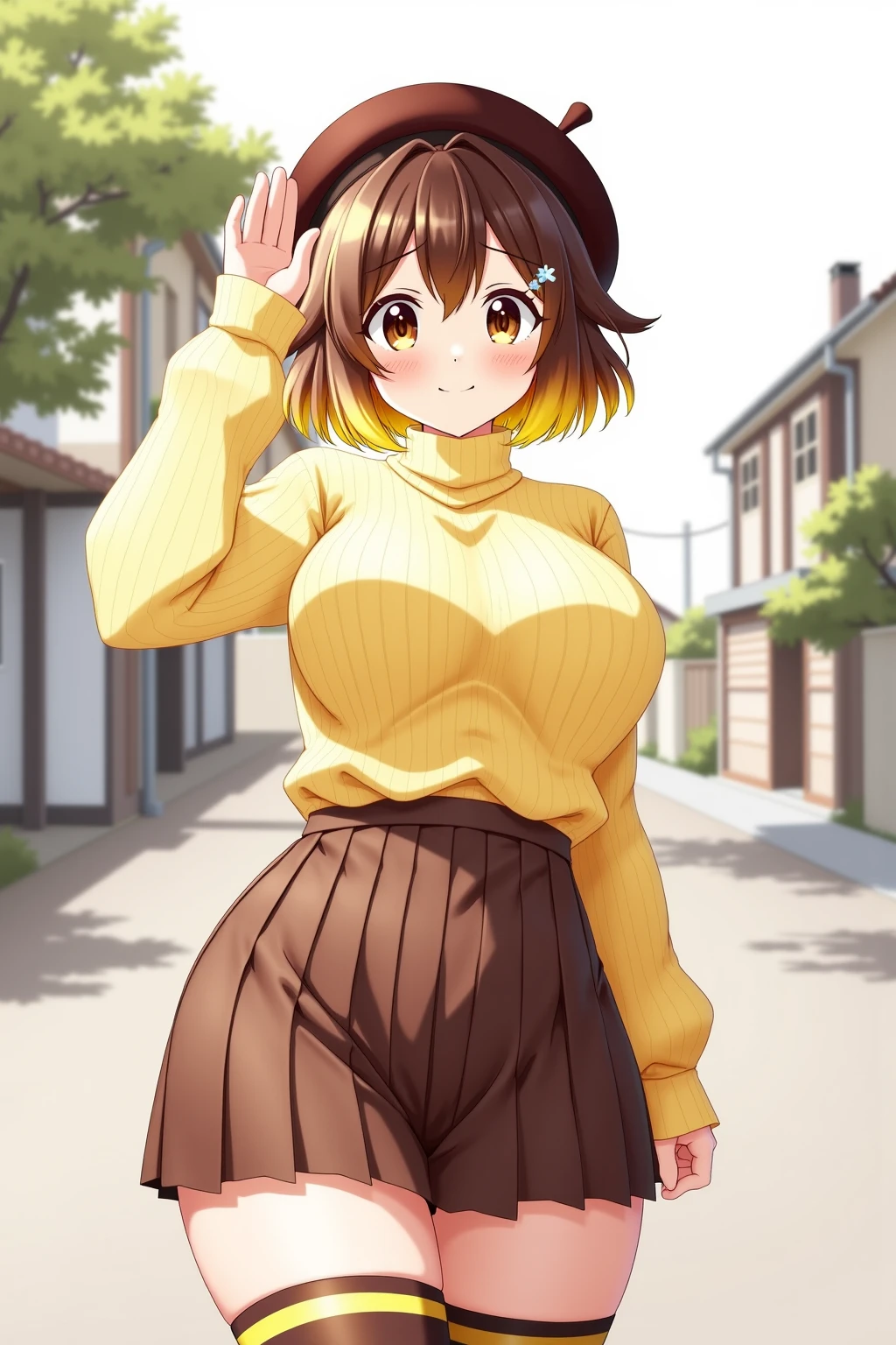 (​masterpiece:1.1)、(top-quality:1.1)、full body Esbian、shorth hair、Good anatomy、(1girl in:1.2)、(detailed faces and eyes:1.25)、orange color hair、brown haired、Brown-eyed、(huge-breasted、thighs thighs thighs thighs、thighs thighs thighs thighs:1.2)、looking at the viewers、a matural female、side locks、Kyoka Tachibana、(White knitted sweater:1.3), (a miniskirt:1.3)、is standing、(A smile:1.3)、red blush、Bare arms、bare elbows、(View from the front:1.5),outside of house、plein air、(Skirt lift:1.3), (white  panties:1.3)、(Skirt that rolls up:1.3)、(Fully exposed panties:1.5)、