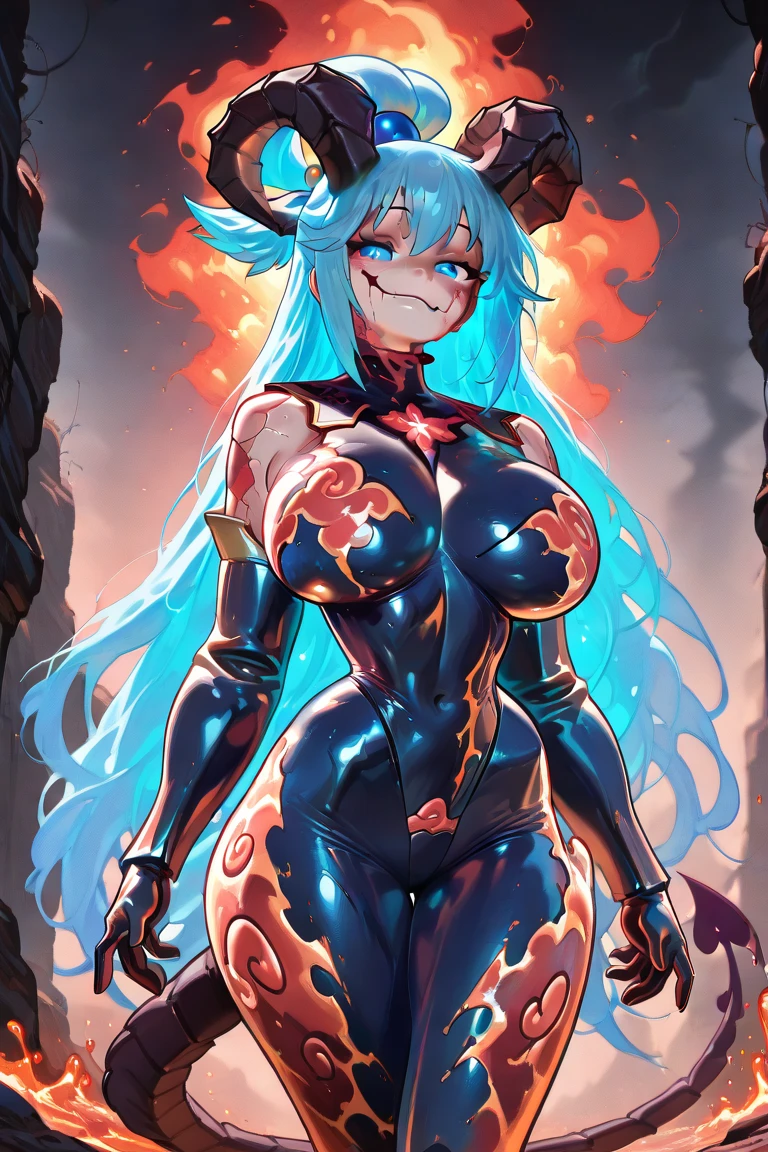 mature female, erotic body, dark skin, horns, long messy curly hair, yellow eyes, evil expression, smiling, naked, tattooed body