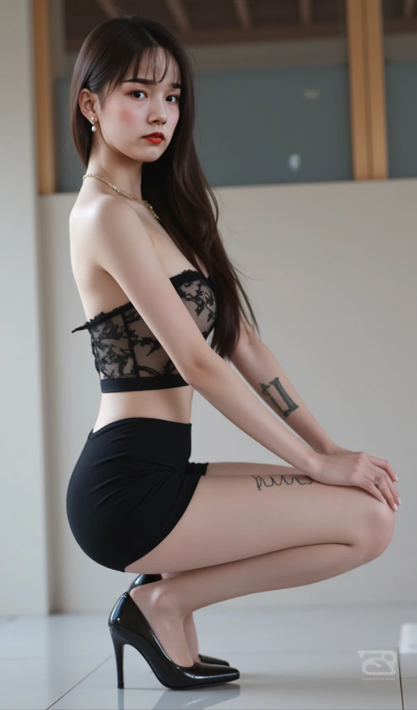 ulzzang-6500-v1.1, (RAW Photos:1.2), (Realistic:1.4), Beautiful detailed girl, Very detailed eyes and face, Beautiful and fine details, Ridiculous, Incredibly ridiculous, Huge file sizes, Very detailed, High resolution, Very detailed, Highest quality, Tabletop, One girl, , ((Very detailed)), ((Dynamic pose))), (Camel Toe), (Open your mouth)),((Drooping eyes)),((round face)),((curl inside hair)), （Look away：1.1),Close-up of face,(((黒いplayboy bunny)))、Upper Body、Black Costume、Has bangs、((slender))、Slim body、((Look down)、((Eyes Wide Open))、(((Angle from below))、(D cup milk))、((Gorgeous Bra))、skirt、Eyes Wide Open、((((Surprised))))、Be surprised、Scream、Open your mouth、pain、Close ~ eyes、