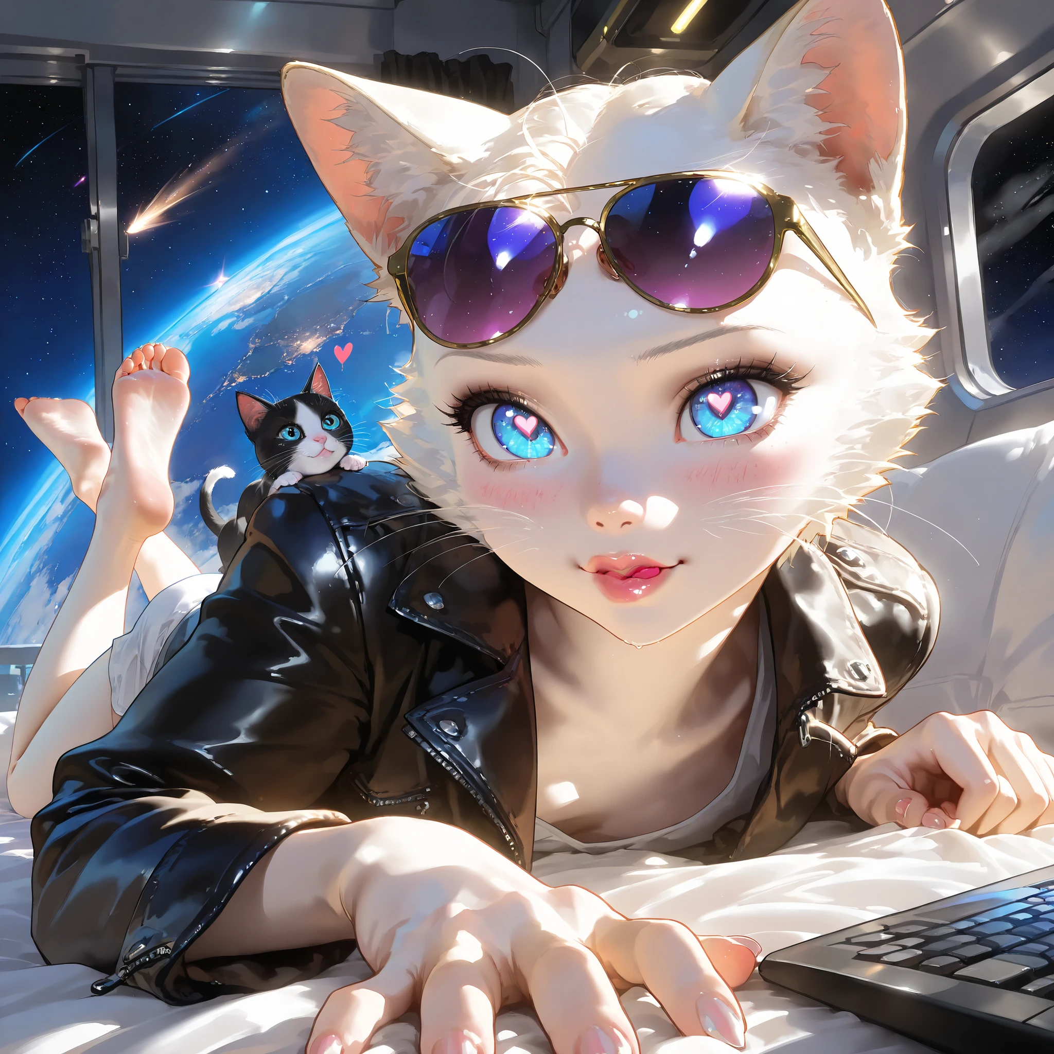 Tiere、a cute kitten made of metal、(Cockpit of a sci-fi fighter)、Eyes are green、(top-quality), (masterpiece), (hight resolution), (Light particles throughout)、(sitting on)