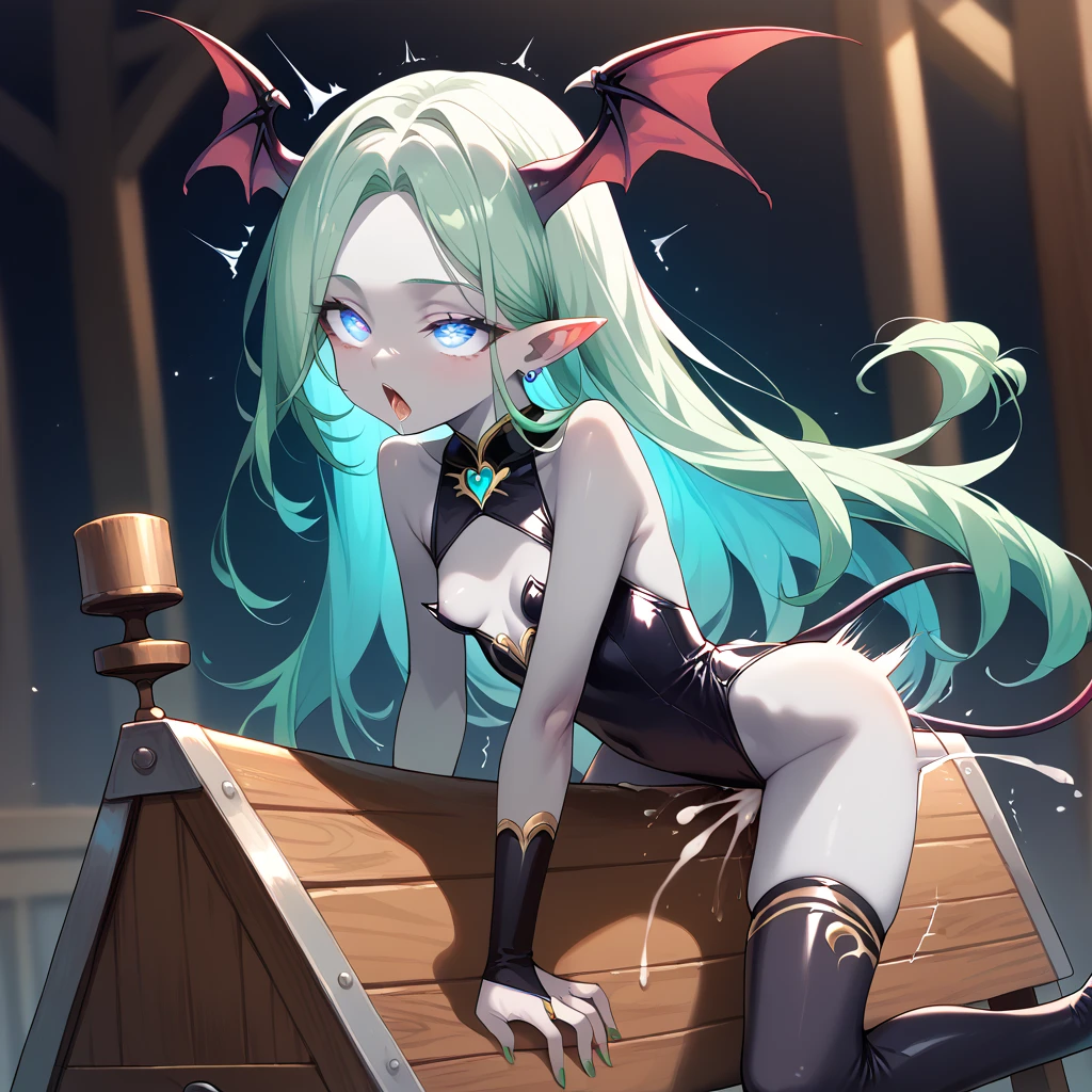 1woman, blue skin, short translucent hair, red eyes(glow), pointed ears, Expression: smirking, Wearing: wet clothes, soaked white dress, erect nipples, no panties, soaked, Action: tentacle sex, sexy, erotica, porn, Background: fantasy ruins, chiaroscuro, absurdres, high res, ultrasharp, 8k, masterpiece, pussy focus, from below, upskirt, looking at viewer