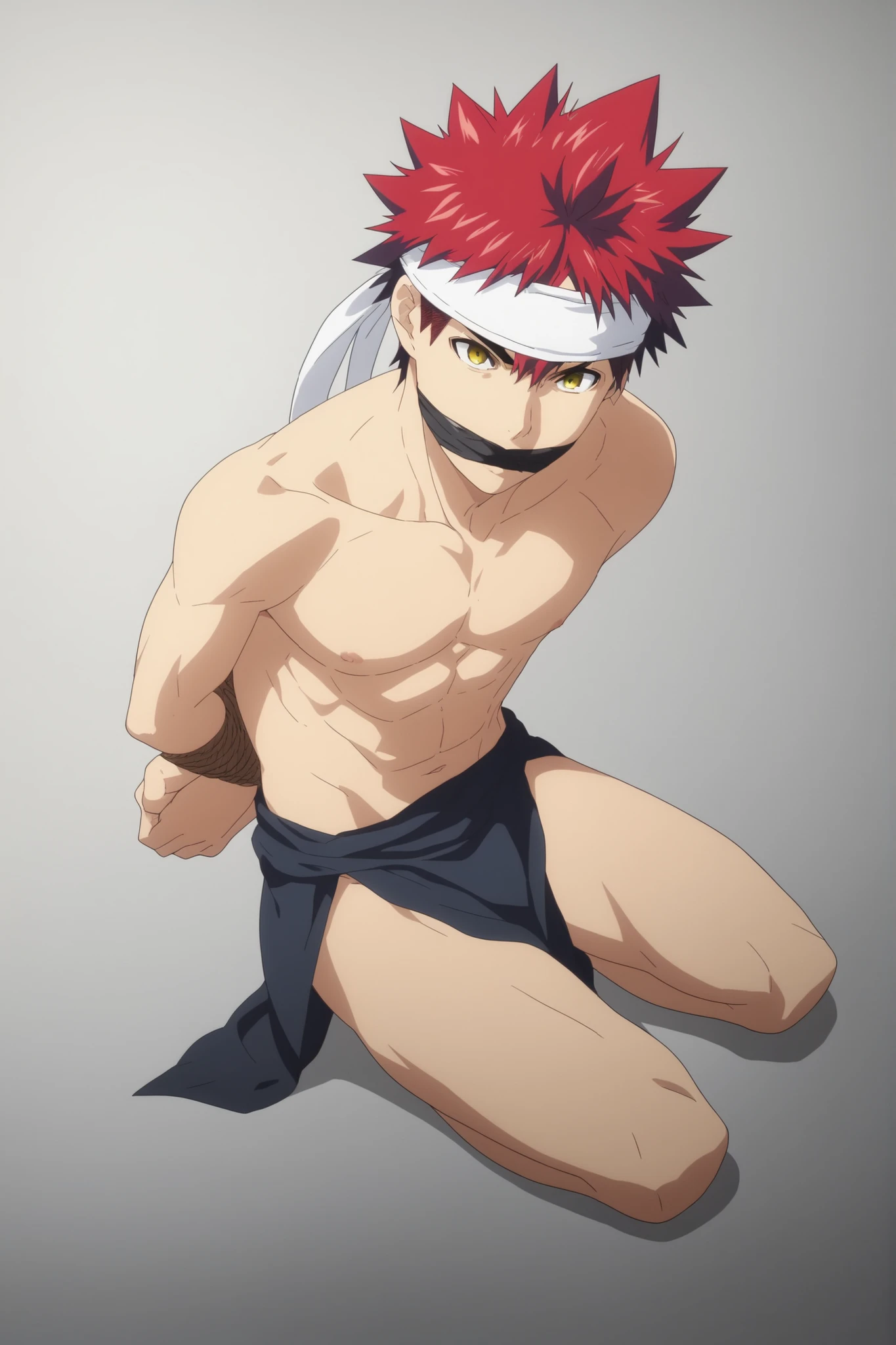 score_9, score_8_up, score_7_up, score_6_up, score_5_up, score_4_up, BREAK source_anime, anime screencap, , official style, looking at viewer, full body, , 1boy, solo, male focus, souma_yukihira, red hair, yellow eyes, spiked hair, headband, white headband, , lying on his side,greeves,, cloth gagged,tied up, ،His hands are tied behind his back,His feet are tied