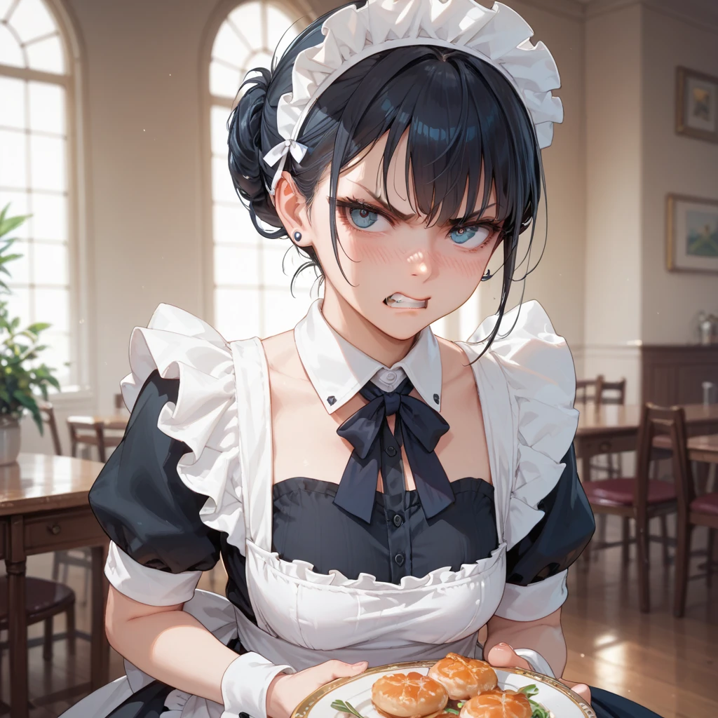 masterpiece,best quality,very aesthetic,absurdres,<lora:marnie_(pokemon):1>, maid_headdress, ketchup_bottle, blush, eyelashes, 1girl, solo, nail_polish, purple_bowtie, omurice, upper_body, marnie_\(pokemon\), black_dress, holding_bottle, earrings, commentary_request, looking_at_viewer, short_sleeves, closed_mouth, enmaided