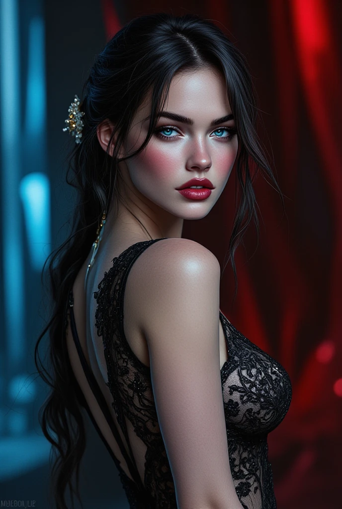 Full medium portrait of an Ultra-seductive, Gorgeous European woman, enticing at 23 years old. Dressed in a sinister, alluring Evil Nurse costume, she is stranded in a chilling, ominous horror film set. The image is skewed at a Dutch angle, bathed in dramatic lighting with bold, contrasting red and blue hues to induce tension and captivation. Her allure is heightened by deep shadows, evoking a seductive yet unsettling aura. The scene is cinematic, with high-quality details captured in an 8K resolution, showcasing intricate costume textures and facial expressions. She grips a luminous green syringe, adding an eerie touch.