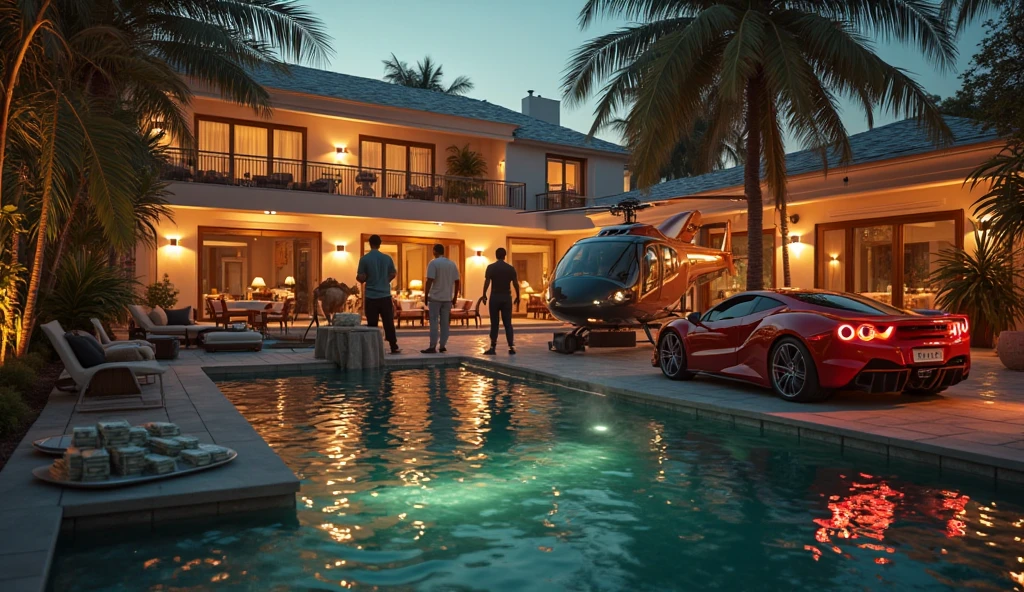 rich blonde women in bikinis and beachwear heading towards a gigantic modern minimalist mansion with an infinity pool and luxurious cars parked in the mansion's garage ferrari and lamborghinis
man with anonymous mask sitting on the hood of the ferrari