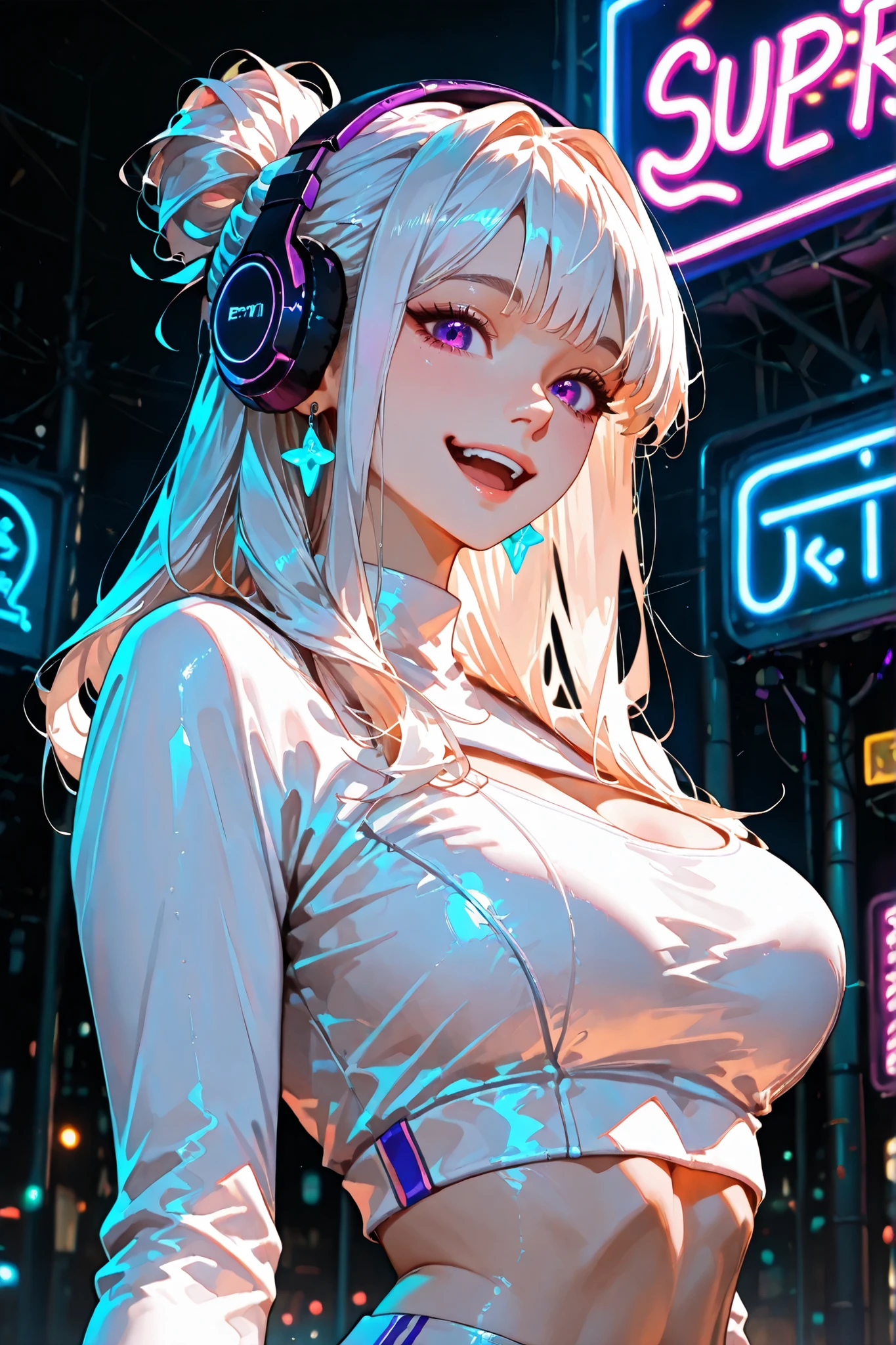 Mine makeup girl、Hotel、Black straight long hair、Glowing neon lights、Girls Bar clerk、Bar clerk、girl serving alcohol、Neon and uv black light store interior、cyber 、White T-shirt that glows under UV black light、numerous piercings in the ears、large full breasts、Large cleavage、Hot pants in satin fabric、A store that looks like a spaceship、Liquor bottle reflecting light、Western liquor bottles on a shelf with a faint reflection、drinking cocktail、female gaki smile、cyber vision monitor、Angle from above, (naked body)