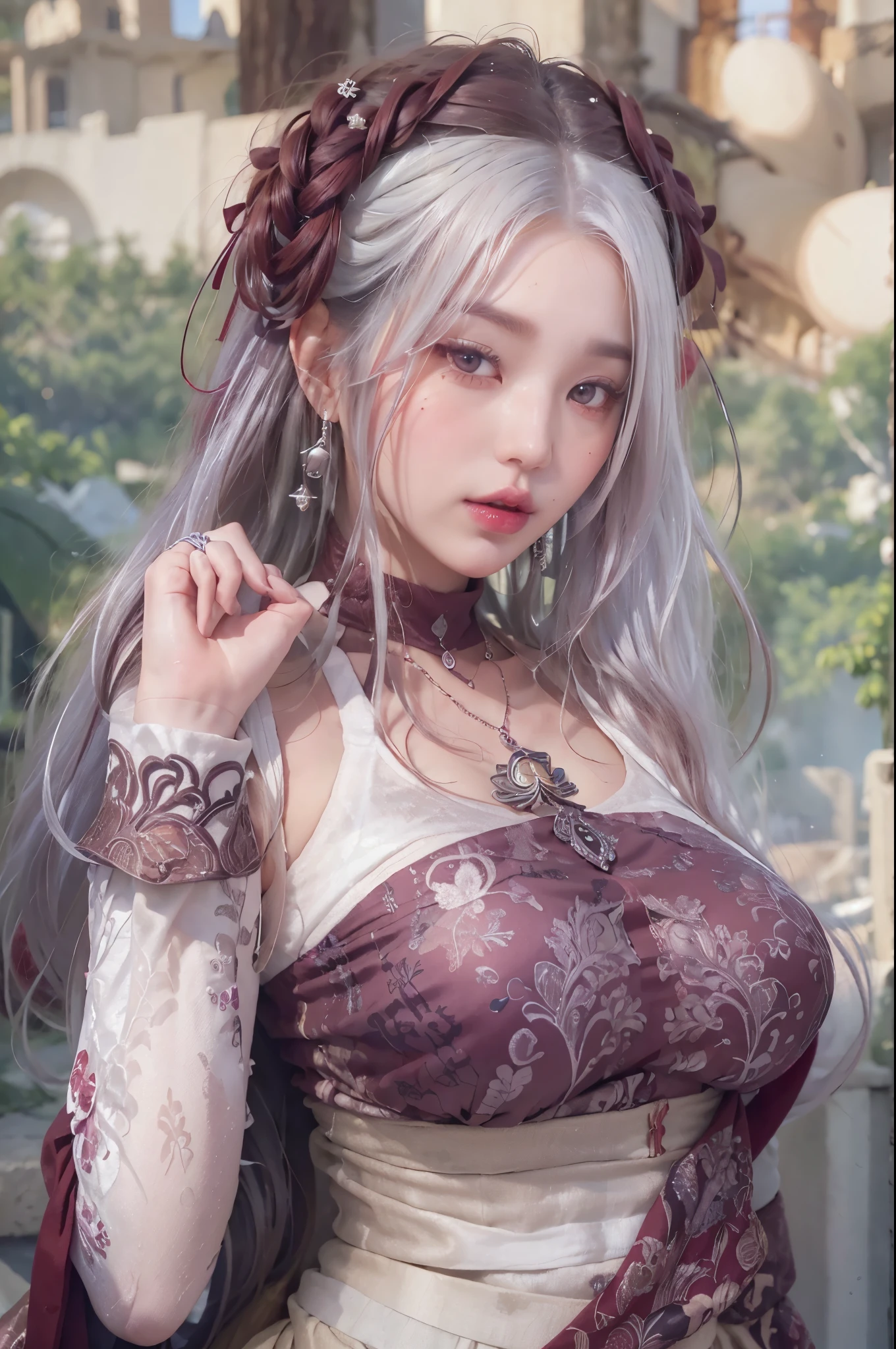(hyper realstic)、Ancient priestess、Ancient female shamans、
immensity Beautie high-level image quality hight resolution,, Realistic Beautiful eyes, White hair, ringed eyes,、((medium ))、Detailed red-black , detailed skin textures、超A high resolution、Realistic、Voluptuous body shape、A smile、20 thh yer old,, Beautiful expression、With detailed red-black areola 、Detailed purple eyes、long fluffy hair、Kamimei、Very delicate and detailed skin texture、35Female Shaman、(pink pubic hair)、{(A limestone cave made of glittering crystals)、(A lot of torches are burning)}、Ancient priestess、medium cleavage、medium open neckline、big butts、bright red lips、(Colorful and glamorous clothes and luxurious accessories)、I have an ornate platinum wand、 show nipples, show vagina, open legs:1.4