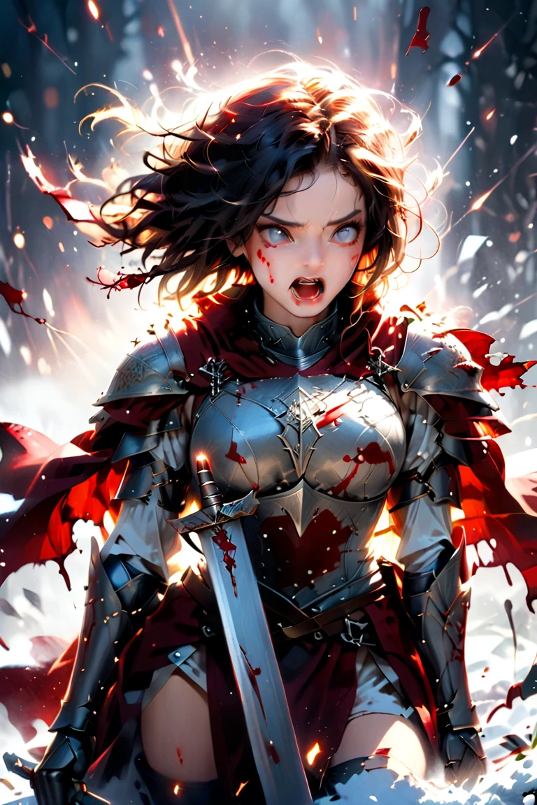 Reality, high resolution, Soft lighting, 1 Woman, Solitary, Kneeling on the ground,With eyes closed,There is a rope tied to the body,Painful expression, Wearing tattered armor,Tattered red cloak,Expose most of the body,Show your thighs,Revealing the Broken Breastplate,Stain,Blood,Messy hair
