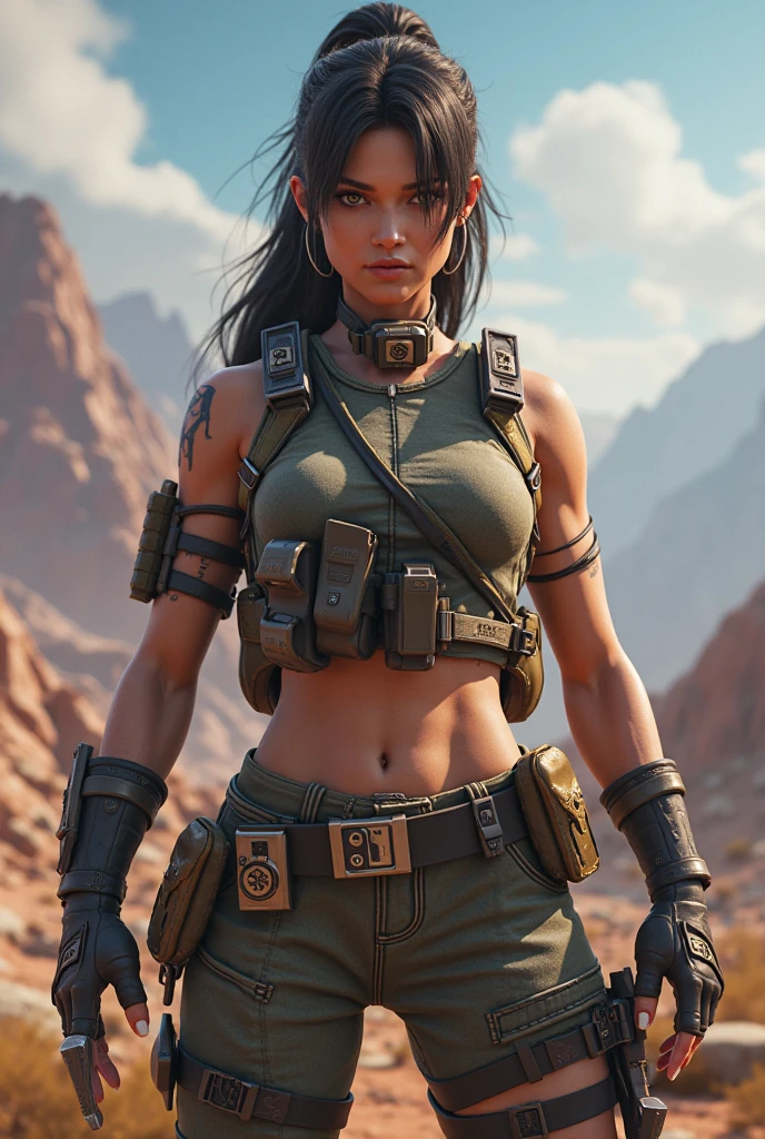 A courageous Wasteland Punk warrior  hand-in-hand through a wasteland full of pitfalls. The camera zooms in on the woman, capturing her determination. The young woman, with a protective expression on her face, wears makeshift armor and patched clothes. All clothes are torn and broken exposing her breast, semiexposed tits, big boobs, nsfw, broken short revealing her flesh, very damage loincloth, wearin torn loincloth