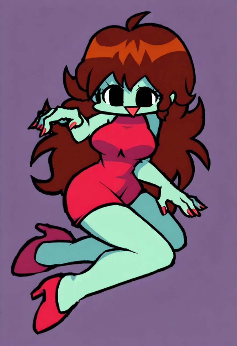Elizabeth Afton, girl, red long length hair, green eyes, wearing a pink bow in the back of her hair, naked, breasts, pussy focus, pink  nails, evil smug grin, in the living room. 