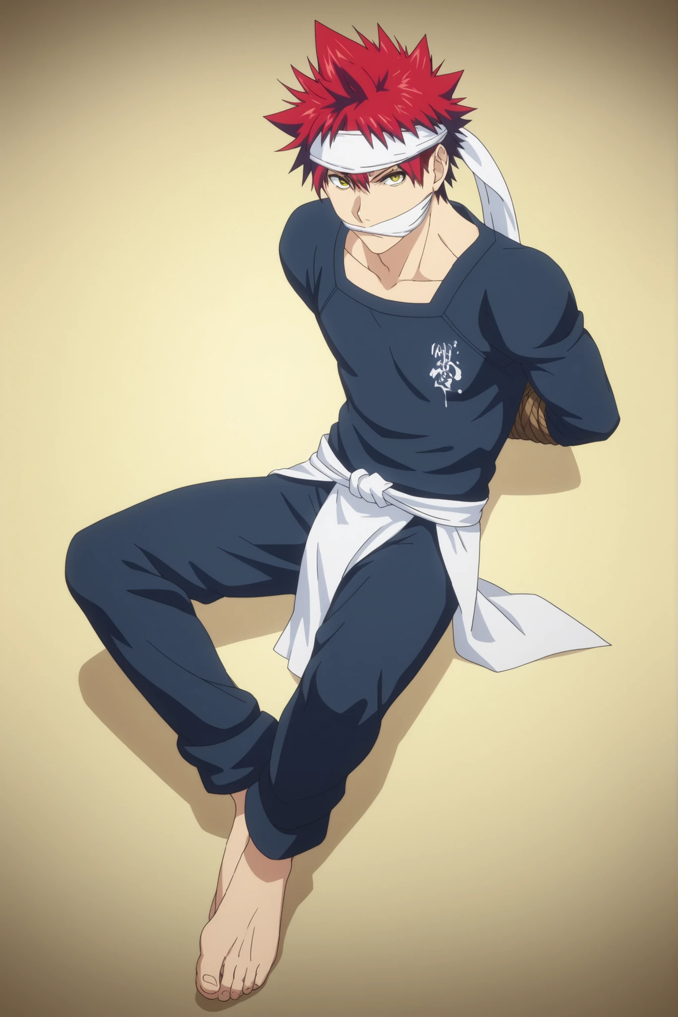 score_9, score_8_up, score_7_up, score_6_up, score_5_up, score_4_up, BREAK source_anime, anime screencap, , official style, looking at viewer, full body, , 1boy, solo, male focus, souma_yukihira, red hair, yellow eyes, spiked hair, headband, white headband, , lying on his side,greeves,, cloth gagged,tied up, ،His hands are tied behind his back,His feet are tied
