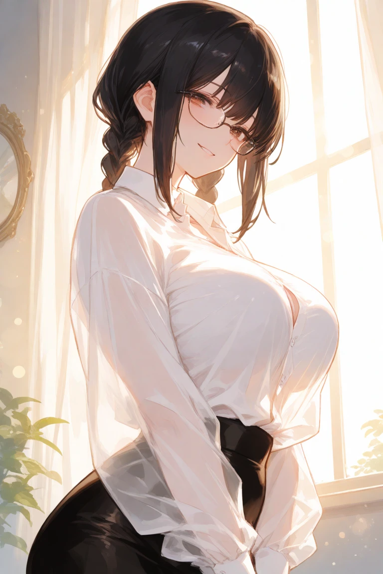 （super high quality,Ultra-high resolution,16K,super masterpiece,Ultra HD,Detailed shading）,Full body photo,the sunlit entrance,A seductive mother,（popped collar White shirts,Bring the hem out,Tight collar,Long sleeve,BLACK Pencil Skirt）,sexly,Black hair semi-short,Sweep your bangs to the side,Glasses,smile,Pearl Earrings,Pearl Necklace,Engagement Rings,slouch,He comes out with the door half open.,