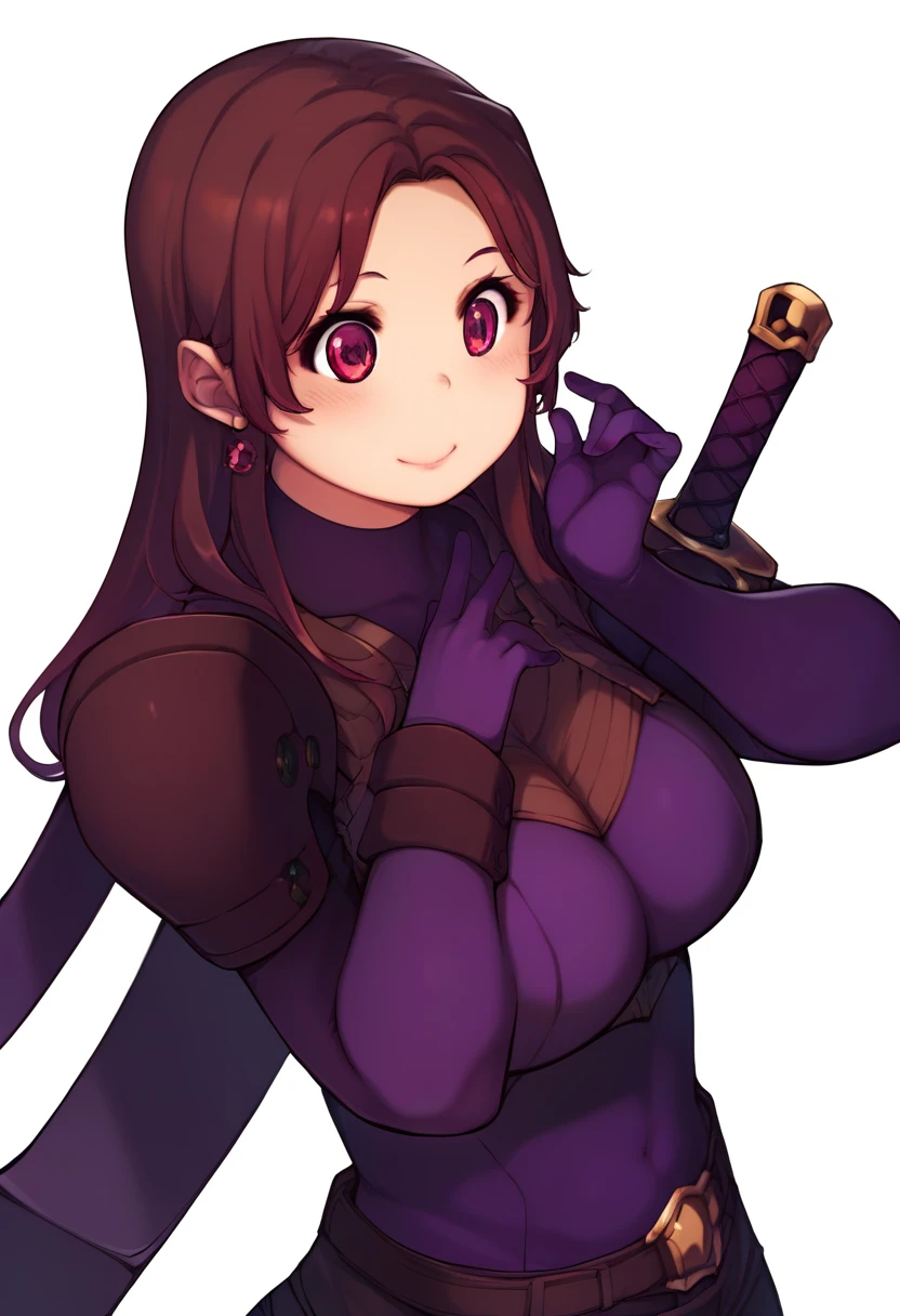 1goat girl, goat ears, golden horns, brown hair, one long ponytail, perfect eyes, blue eyes, curious face, warrior clothing, purple and black jumpsuit, purple fingerless gloves, black and purple boots, gun in the hand, big breasts, big ass, forest background