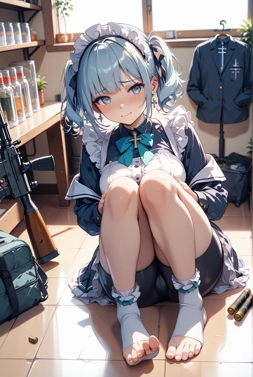 masterpiece, highest quality, Very detailed, 16k, Ultra-high resolution, Cowboy Shot, 12 year old girl, Detailed face, Perfect Fingers, Golden Eyes, Silver Hair, short hair, A vest with lots of pockets, White panties, Explorer knife, Safari Hat, azimuth magnetic needle, telescope, map, A room with lots of cluttered items, Lie on your back