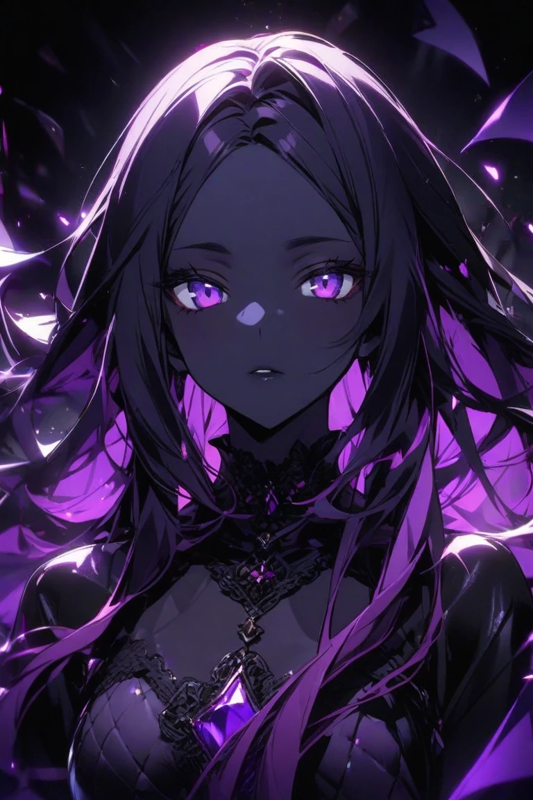 (Black and White), (Colorful gradient crystal hair), Eroded by darkness and light, Symmetric, Truly beautiful women, Broken Mirror, Fluid art, (High resolution), (Sharp focus), (Realistic:1.37), (Physically Based Rendering), (Very detailed説明), (Professional), (Vibrant colors), (Portraiture), (Soft lighting), (超High resolution), (Ideal black hair), (Goth Makeup), (Studio Lighting), (highest quality, 4K, 8k, High resolution, masterpiece:1.2), (Very detailed), Flowing, Shimizu, Creepy Smile, Purple light, Purple glow