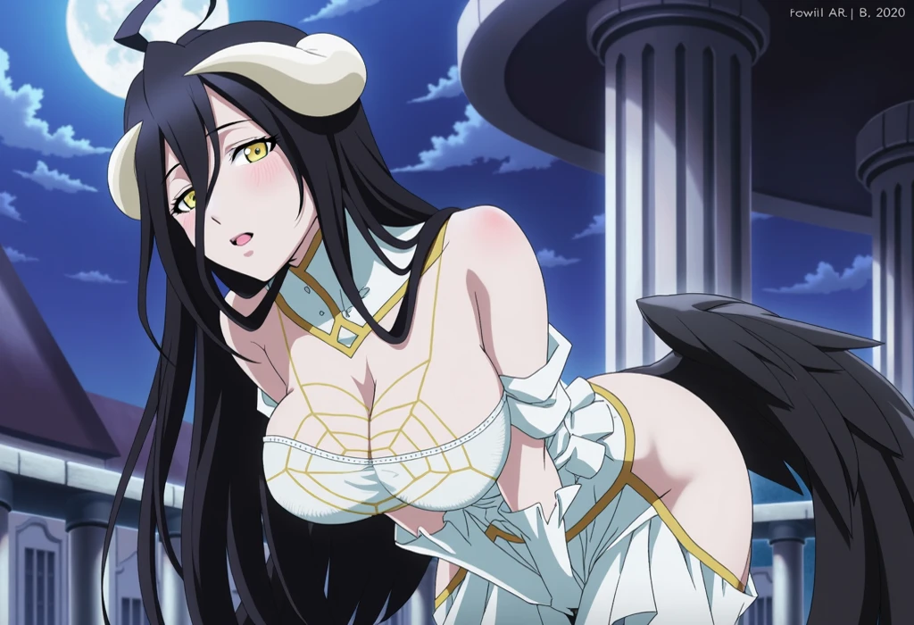Albedo, overlord,posing, big breasts, sexy, beach, thick thighs, hot, thin bikini, wet, curvy, leaning, naughty, horny, g-string, Horn