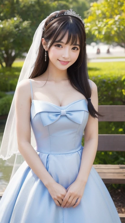 sky blue wedding dress,white mini skirt,kawaii, idol, (sweat:0.7),woman,japanese,exquisite face, beautiful face,bare shoulders,shoulders all exposed,translucent skin,black eyes,black hair,(photorealistic:1.4),realistic details, high resolution,bokeh,outstanding details