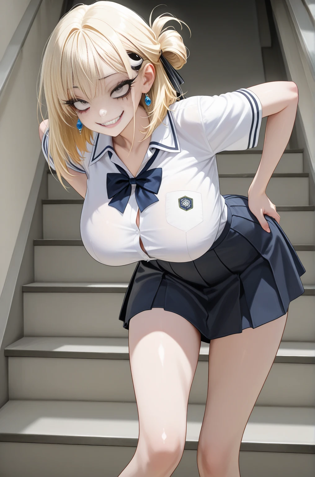 (High quality, High resolution, Fine details, Realistic), PAW Pose, Colorful American School Uniforms, Solo, Adult Woman, Blonde hair, Sparkling eyes, Smile, blush, Large breasts, Sweat, Oily skin, Glitter effect, Shallow depth of field