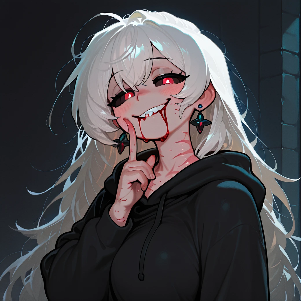 (masterpiece:1.2)、Highest quality、PIXIV、Rebellious girl、One girl、Open your mouth、鋭いteeth、teeth、Long Hair、Street background、Bright purple eyes、eyelash、Upper Body、Characters in clothes、smile、Focus on the viewer、Chest in the center、Black and white hair color,leaning forward,Night view,Black and Whiteグレーの服装,Overflowing drool、saliva、White Breath、Sigh、An excited look、Long, narrow eyes,fallatio,Black and White