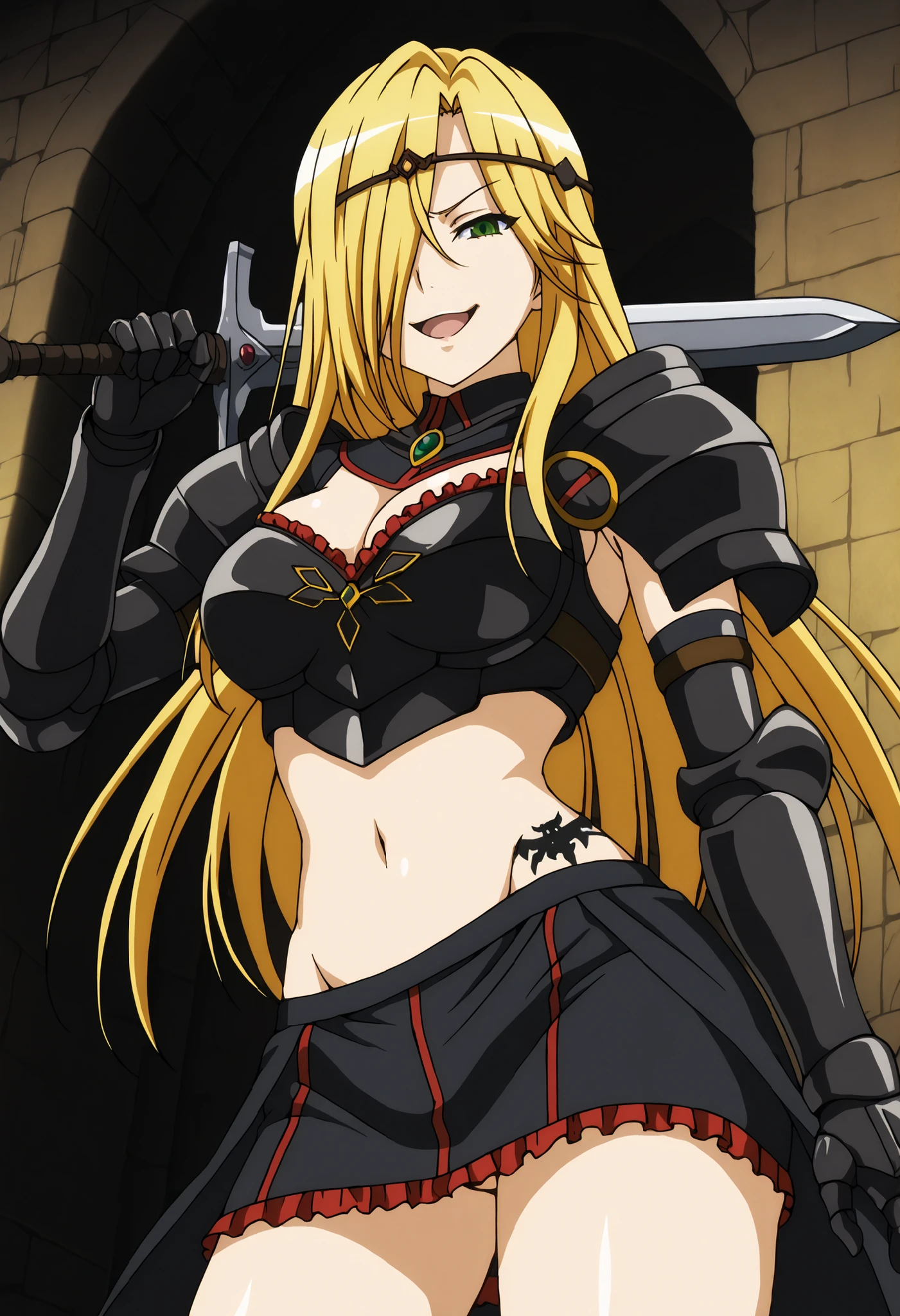 leinas rockbruise, Overlord
High quality , best quality , masterpiece, High Resolution , anatomically correct, anime coloring,
solo, 1 girl, adult, cool woman,
green eyes,blonde hair,long hair,hair over one eye,,
, circlet, shoulder_armor, black breastplate, gauntlets, black_skirt, frilled_skirt,, groin,black miniskirt dress
masterpiece, best quality, highly detailed, fantasy , a girls in armored dress holding a sword posing for
a picture, evil smile, smile, open mouth, breastplate with open cleavage, cleavage, warrior outfit,
(nsfw) not safe for work, , official artwork, visual novel cg,, loincloth, exposed belly, exposed navel,
exposed midriff, exposed lower belly, pencil skirt armored, castle,inside castle,, medium large breast ,looking at viewer , dragon tattoo on waist, narrowed eyes, tattoo on waist, anipai_style , anime screencap , anime coloring, v-shape eyebrows,
