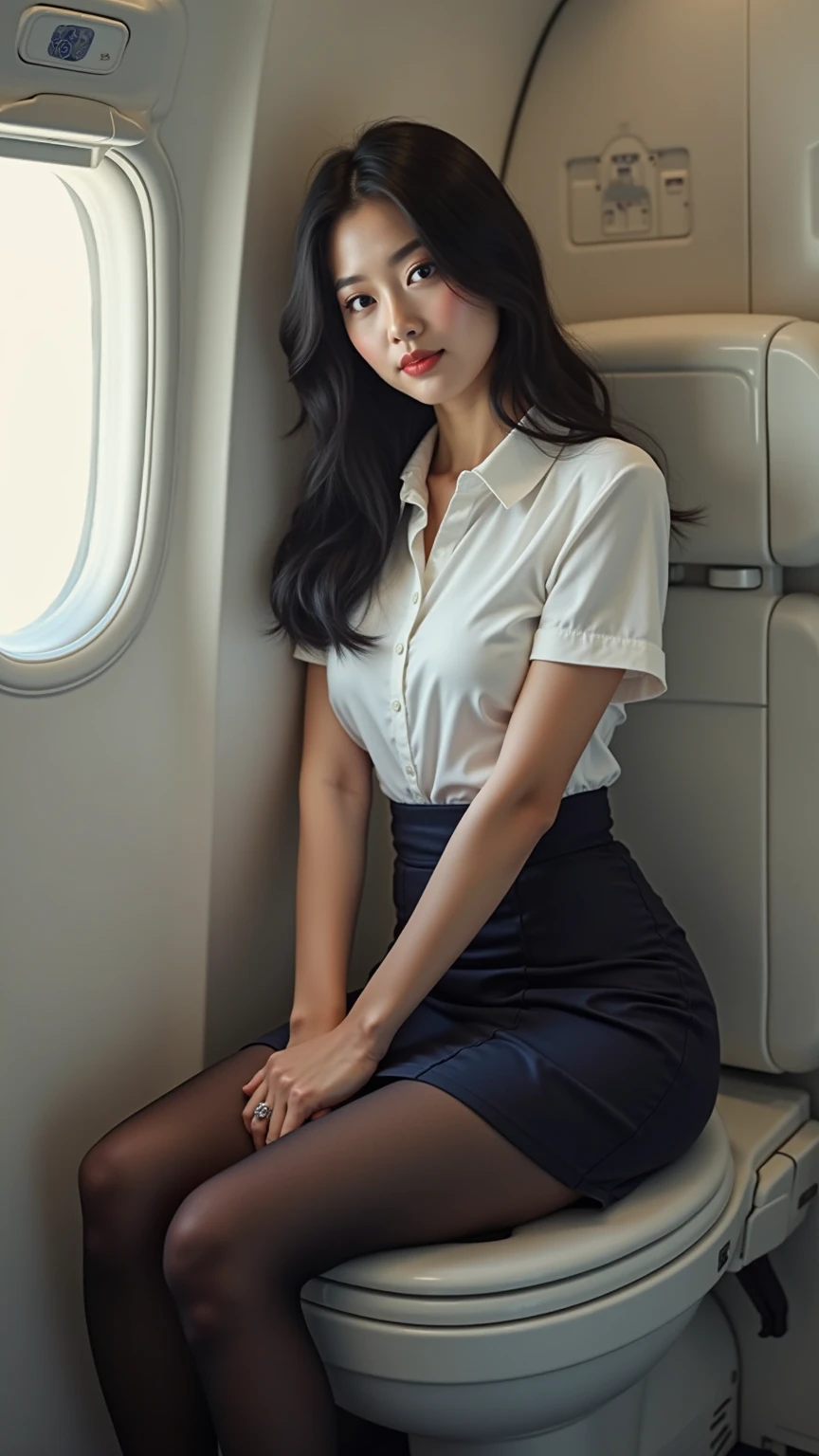(8K high image quality), (top-quality), (RAW image quality),(masutepiece:1.2), (Realistic), (Photorealistic:1.37), ,largeeyes,long eyelasher,(Live-action realistic style),Photorealistic light and shadow,Clear facial features,,Fair skin, ),(The Ultimate Face,Extraordinary beauty),Best portraits, 1-girl,Beautiful detailed eyes,highlydetailed skin,(Beautiful face with double eyelids), (Realism: 1.4),((fullbody image)) ,delicate and beautiful face,,Women around 30 years old,(Beautiful Face 1.4),straight hair length,,(lipsticks,Lame around the eyes,earring beautiful),((Shot on an airplane)),(Stewardess uniform,)),,(Stewardess in uniform),,(3/4 Length),Shoot head-on,,Close-range shooting,,(((Show your audience your best smile))),((sit with your legs apart on an airplane seat,Open your legs and show me your black panties........)),The navel is visible,Navel exposure,(((Always face the viewer))),(Please face the viewer and spread your legs apart.........),(Bra and cleavage are slightly exposed),My legs are wide open,(Please open your legs wide for the camera),((Please open your legs wide and show me your crotch.......)),Wear a light blue skirt