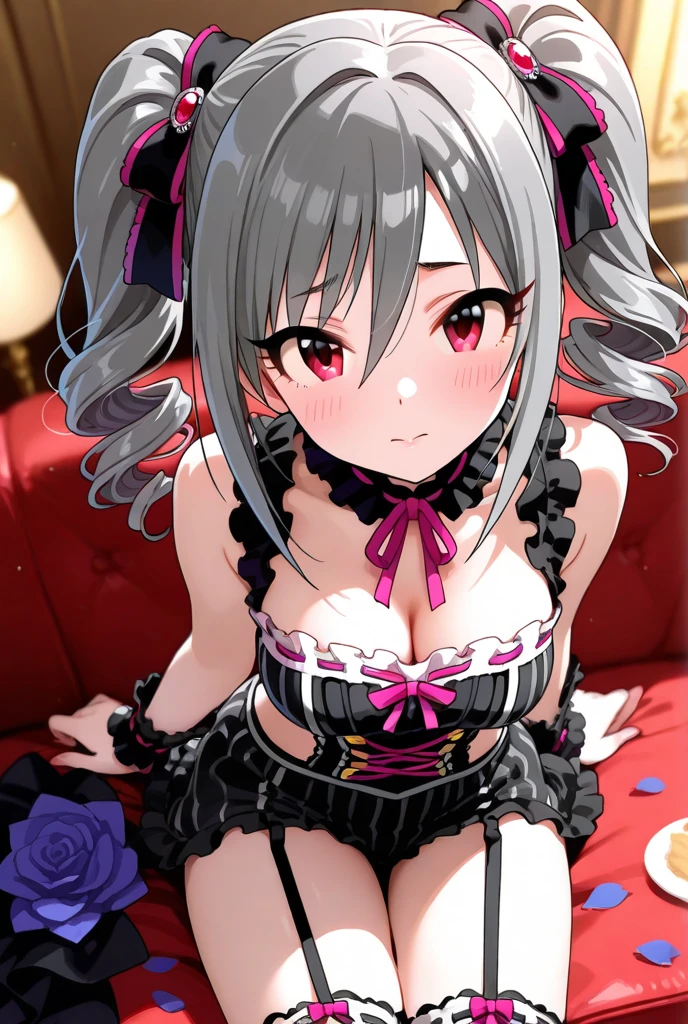 NSFW,((1 man and 1 woman,having sex)),woman on top,vaginal penis,beautiful eyes,hair above one eye,purple eyes,twin tails,small breasts,Bare breasts,Smile with open mouth,masterpiece, top-quality, Hi-Res, Celia Clare, white capelet, beret,bed