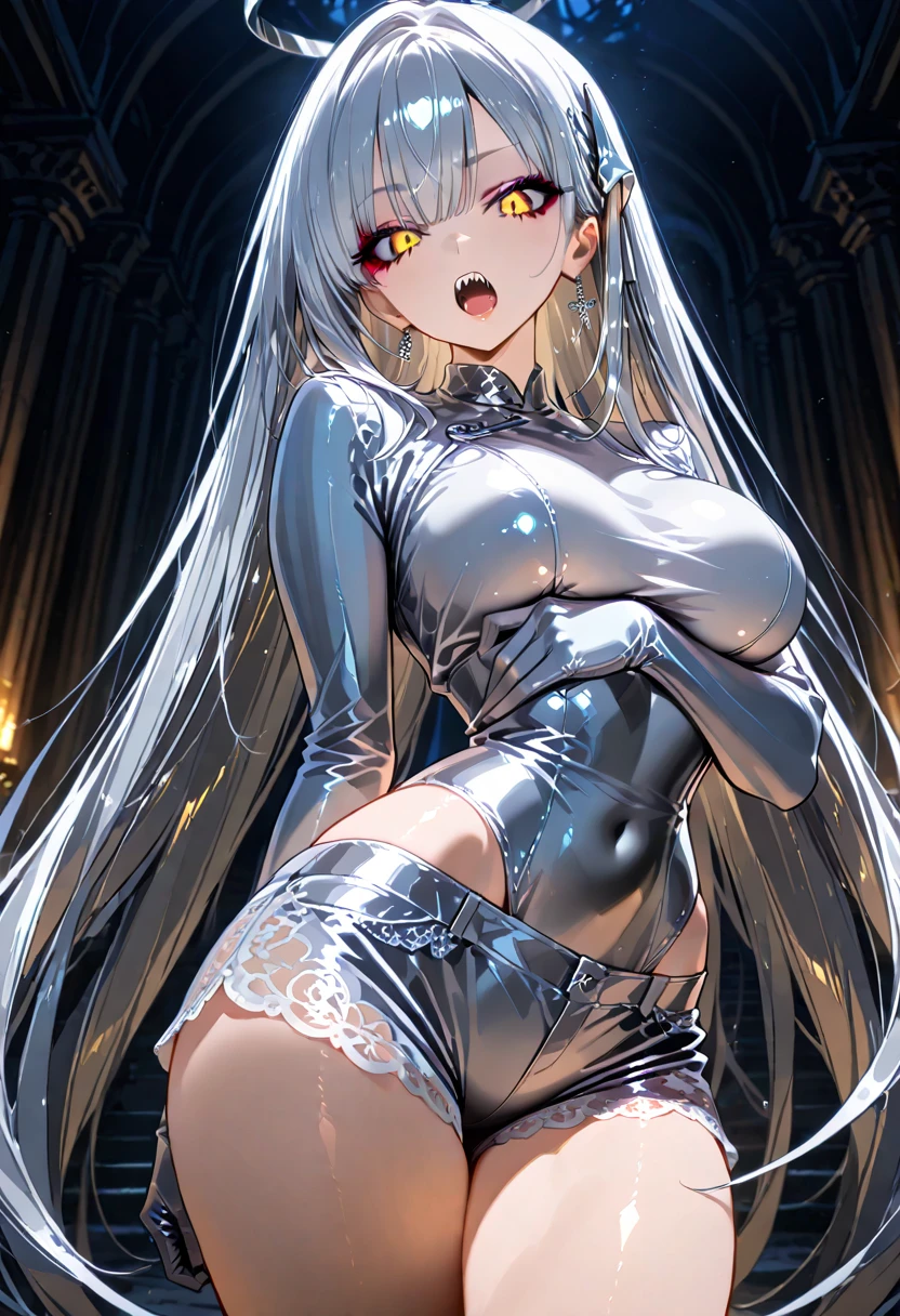 tmasterpiece, top-quality, 1girl in, 独奏, Kamimei、silber hair, Gothic ta, white panties, Red blush, looking at viewert, is shy、Upper body naked、(Edgee 1.0), Perfect body, over exposure, Bare with thighs, Lots of ruffles、heartthrob、barechested、Photorealsitic、A high resolution、shiny skins、(((tucking up the skirt:1.3)))、(((Visible white translucent panties)))、naked エプロン、exposing her chest、Colossal tits、nedium breasts、over exposure, sliver long hair、Bare with thighs, exposing her chest,Huge breasts、barechested、Photorealsitic、A high resolution、shiny skins、Full body like,lecherous,Beth