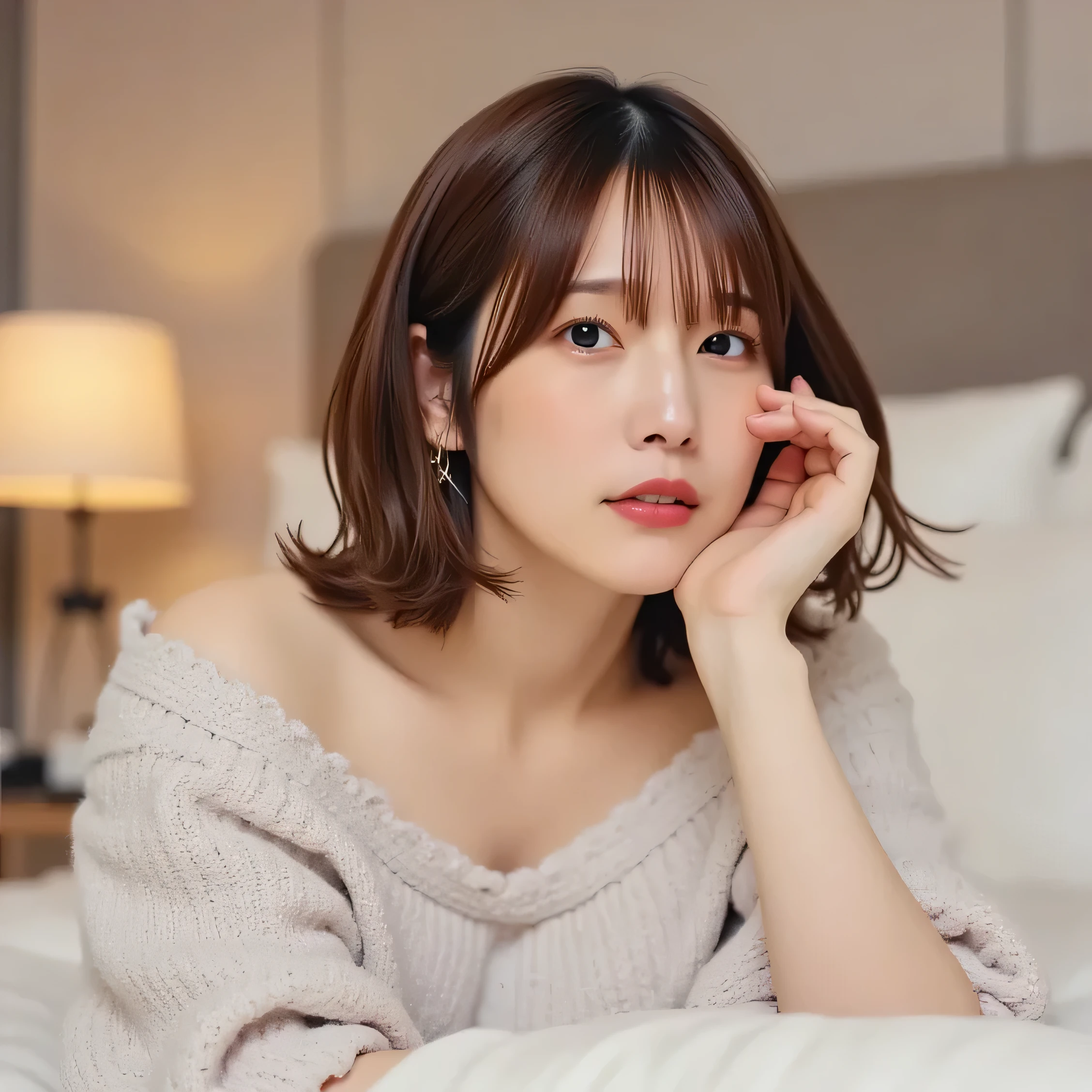 viewers, (Lola:Uchida Mari ) (8K)()(1 person,solo)(1 personの写真)(pink lipstick)()()()(Off Shoulder Sweater 1 :2)()(hotel)(Big Beautiful Breasts 1:2)(Lie face down on the bed)
