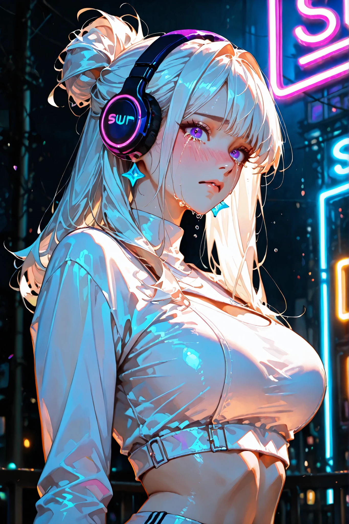 masterpiece,best quality,ultra-detailed,extremely detailed,beautiful,extremely detailed cg 8k wallpaper,ultra detailed background,bloom effect,(ghost),(((Sideboob))),mole,cyber punk,(hoodie),Upper Body,belly button,((A lot of white semen dripping onto the body))