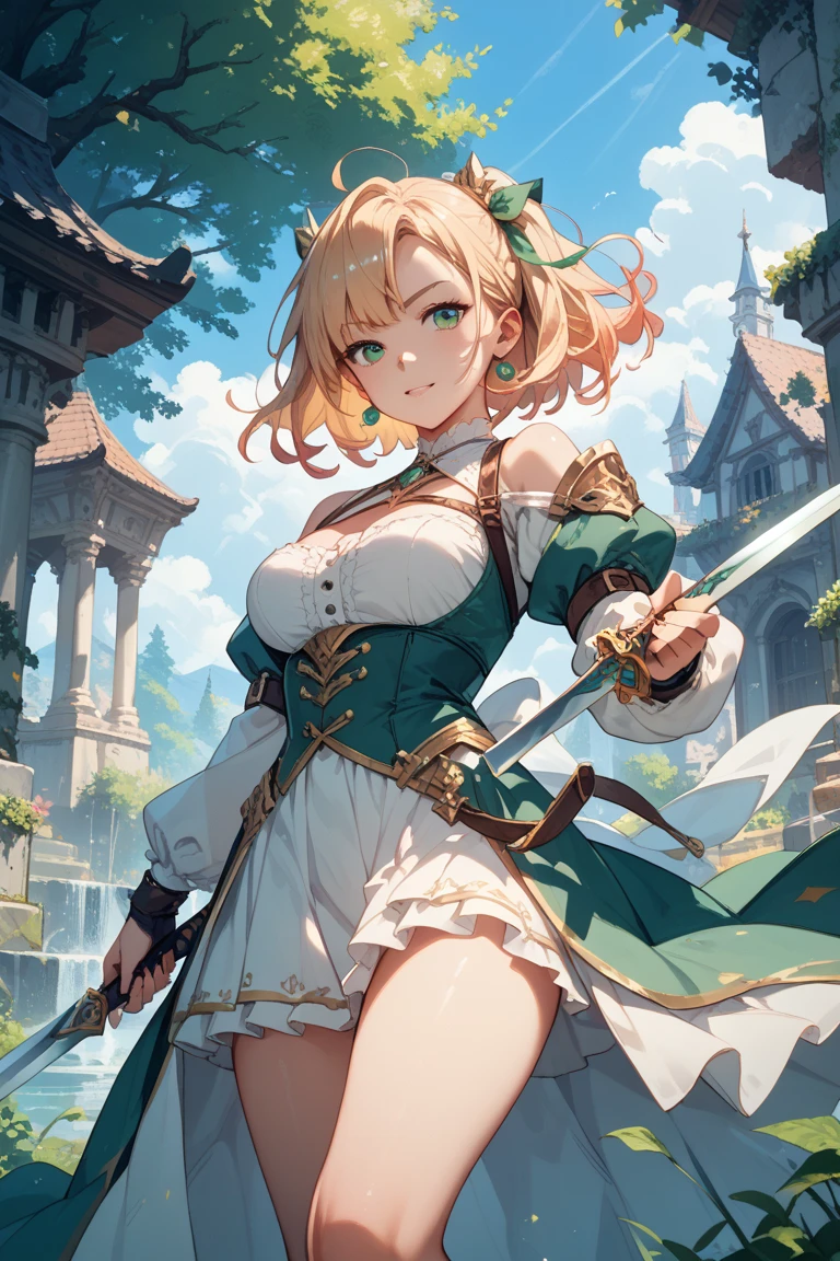(masterpiece、best quality、best quality、Official Art、漂亮又beauty:1.2)、(A girl:1.3)Hatsune Miku、Double tail,Large Breasts,masterpiece, best quality, number, A girl, Solitary, rent, (Long blond hair), Green Dress, 犀利的眼Light, (Vibrant colors), Light, Thick smoke:1.6, (Floating white ink:1.8), Cyan flame, (beauty生动的背景:1.25), (Writing border depth:0.7), Like a dream, (high resolution:1.2), (Very detailed:1.2), (Highly detailed CG Unity 8k wallpaper:1.2), (traditional media), (sketch:1.1), The eyes and face are beautifully detailed, 1 spear, (Fluttering petals:1.2), White flowers, Spear Fighting, Dynamic Color, rich and colorful, Dynamic poses, Dynamic Angle, (whole body:1.5), Holy Power Trial, (1 spear, holding 1 spear:1.5), rent, Medium chest, (Fine particles), Lovely, beauty, high resolution, 4K, Nier anime style, , Fighting Stance,