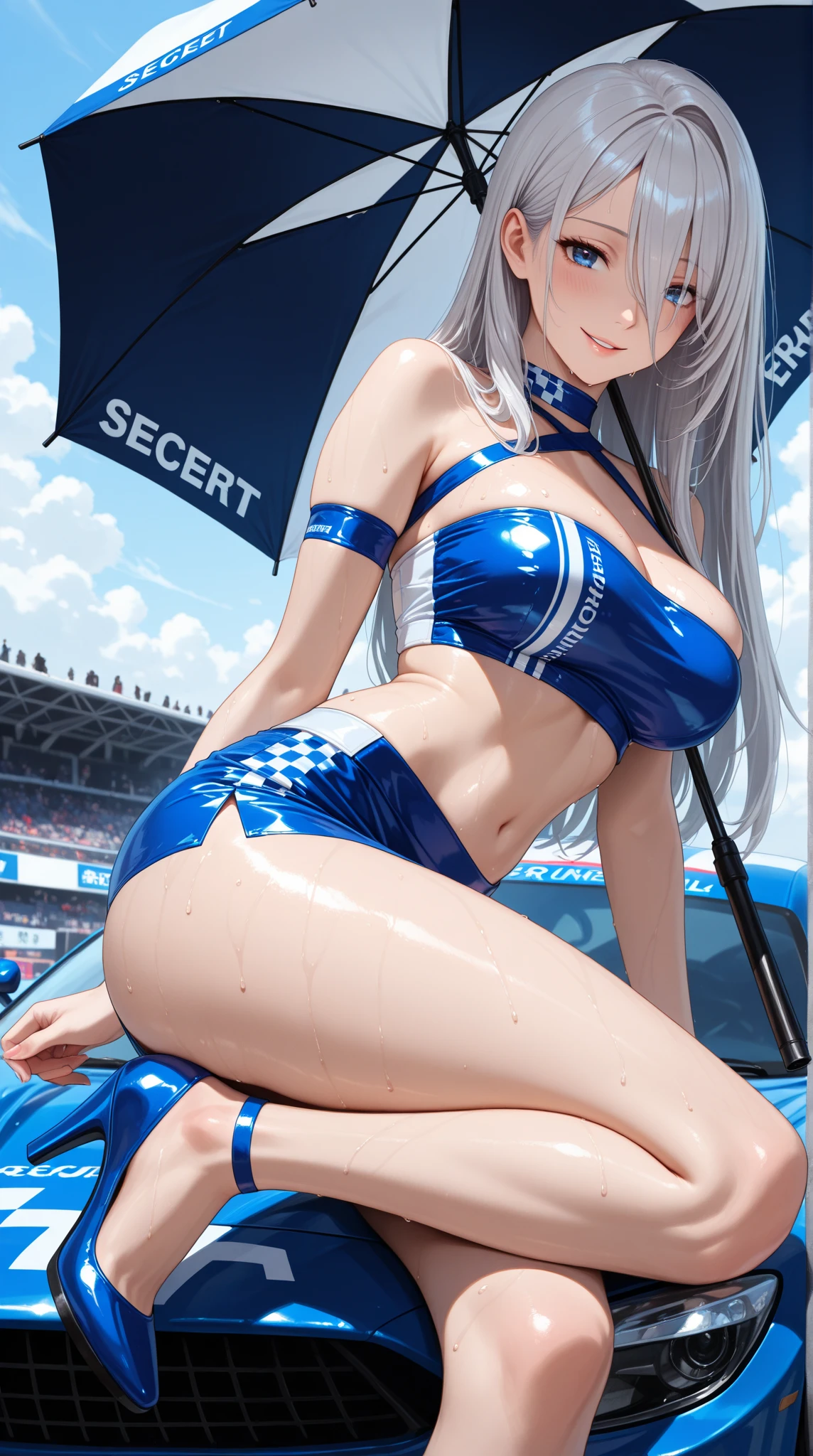 Highest quality、super high quality、16K, Breast size is random、topless、Nipples、Facial expressions are random、The location is a circuit、 Hair color is silver hair、Pose standing、The distance is random、The angle is from directly below、Small face、Very delicate facial expressions、Delicate eye depiction、Highly detailed hair、Erotic、18-year-old female、Glowing Skin、Soft Skin、The only sexy Japanese woman、Race queen outfit random、Sexy ass