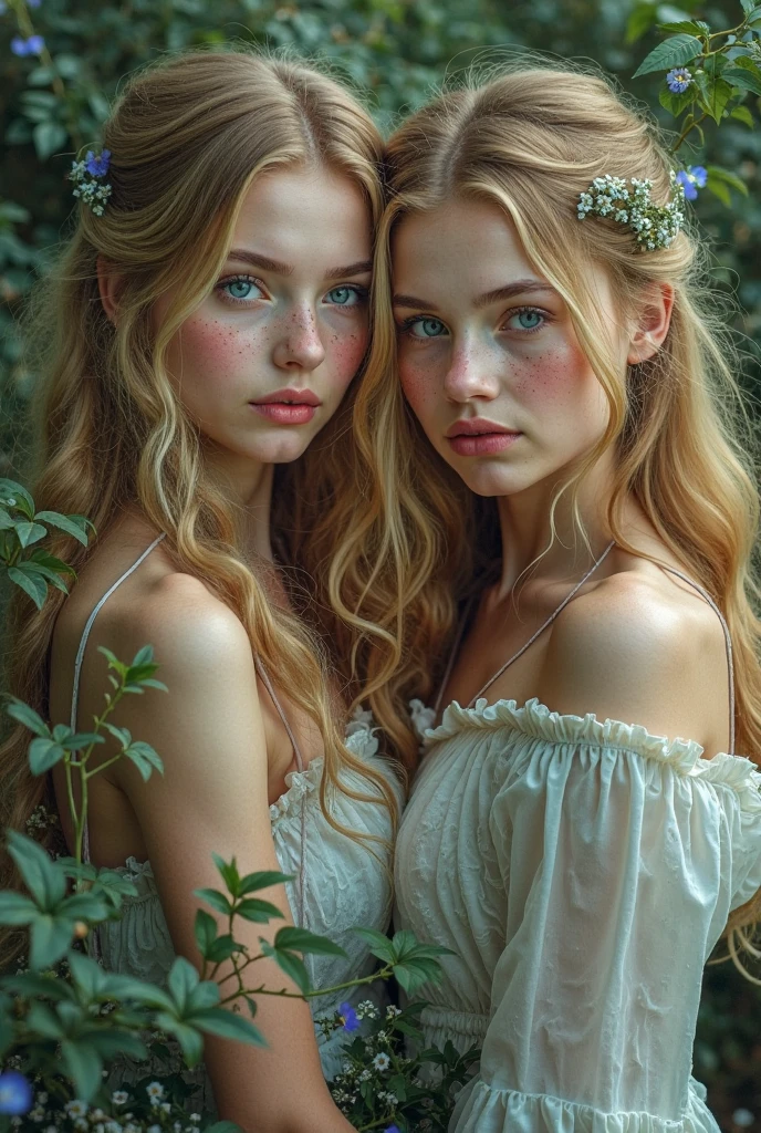 2 beautiful blondes girls in fairy dresses, extremely detailed, intricate fairy-tale forest, enchanted clearing, gorgeous fairy lighting, soft colors, delicate details, photorealistic, 8k, masterpiece, look the camera (boobs)