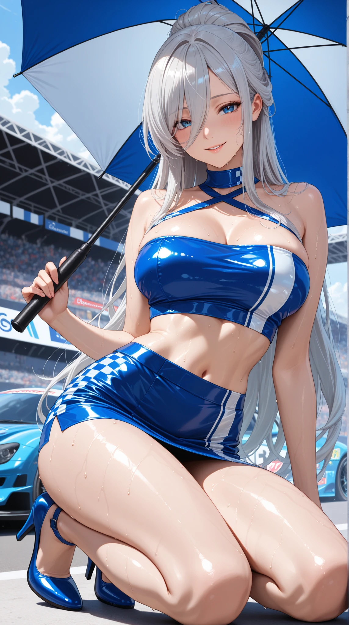Highest quality、super high quality、16K, Breast size is random、Facial expressions are random、Location is random、 Hair color is silver hair、Pose standing、The distance is random、The angle is from the top、Small face、Very delicate facial expressions、Delicate eye depiction、Highly detailed hair、Erotic、18-year-old female、Glowing Skin、Soft Skin、Lower Body、The only sexy Japanese woman、topless、Race queen outfit random、
