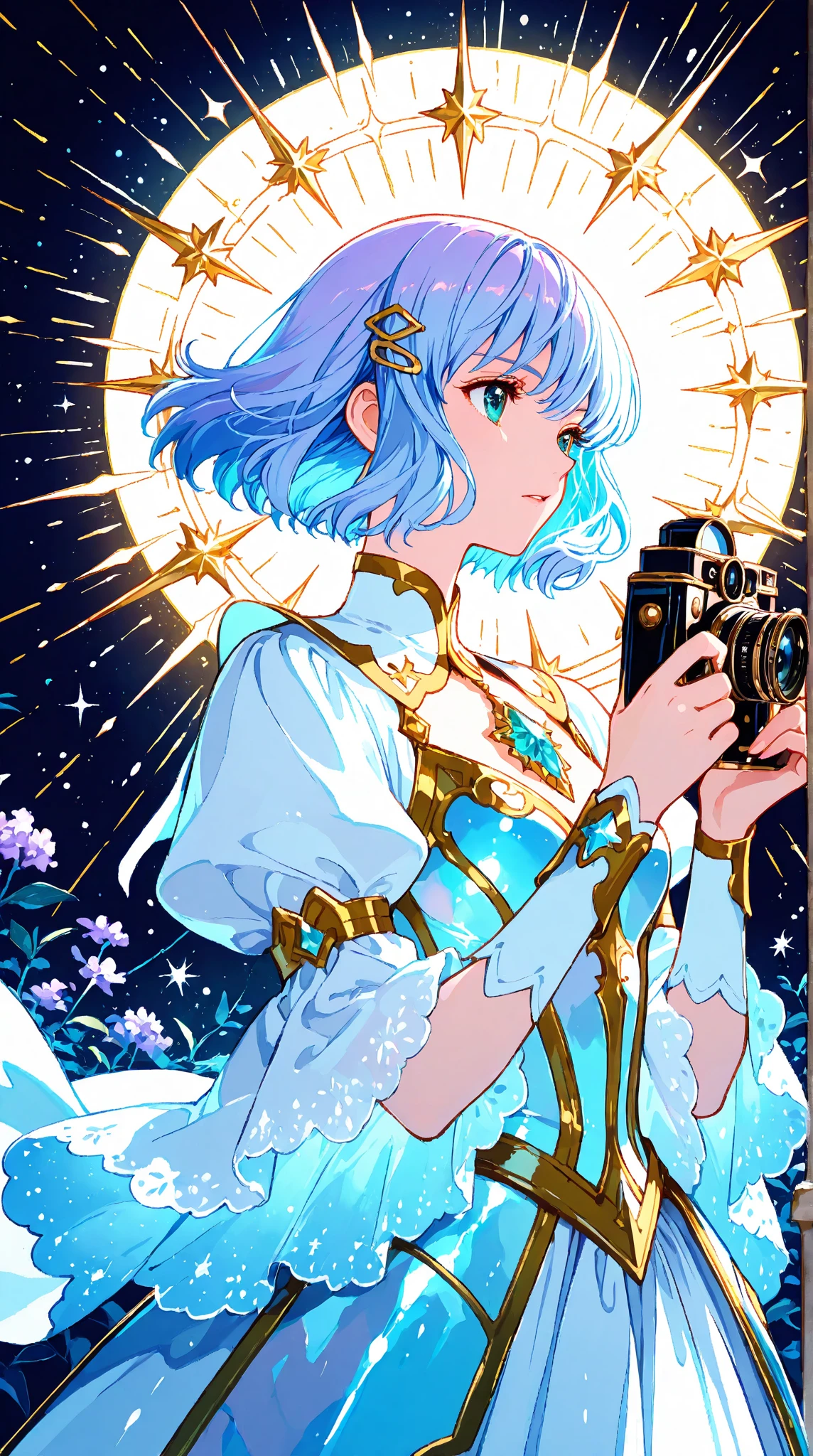 Anime illustration art, high resolution, detailed linework, fantasy photography theme, magical realism, dynamic pose, full-body shot, soft glow effects, dreamlike atmosphere, cinematic lighting, delicate armor design, vibrant colors, high contrast, ethereal aesthetic, refined artistic style, photo-inspired magic, memories crystallized, lens-inspired details, Makoto Shinkai-inspired lighting, Clamp-style elegance, Yoshitaka Amano fluidity.
The Magical Girl of Photography. Creation of a high-definition, anime-style illustration with refined and detailed lines, inspired by classic artists such as Clamp, Makoto Shinkai and Yoshitaka Amano. Aiko Lumina must be represented in a dynamic and expressive pose, occupying the entire composition in a well-structured frame. Aiko must be in motion, in a position that conveys lightness and energy, as if she were spinning while holding a magical photographic crystal. Her enchanted expression reflects her fascination with capturing moments. Her gaze is mesmerizing, with an intense glow, representing her magical ability to record visual memories. The illustration features strong contrast, with a vibrant and balanced color palette. Ethereal and magical tones such as sky blue, lilac and gold are predominant, with touches of bright white to highlight luminous details. The saturation is well adjusted, ensuring that each tone contributes to the feeling of fantasy and enchantment. Soft and diffuse lighting, with highlighted points of light, reinforces the magical effect of the character and creates visual depth. Aiko wears delicate and elegant magical armor, mixing light metallic and crystalline elements, with ornaments that evoke the shutter of a photographic camera. The costume combines mechanical and fluid structures, with soft and symmetrical lines, guaranteeing a sophisticated and cinematic look. Her enchanted photographic accessories include a brooch in the shape of a classic camera, sparkling hair clips simulating photographic flashe