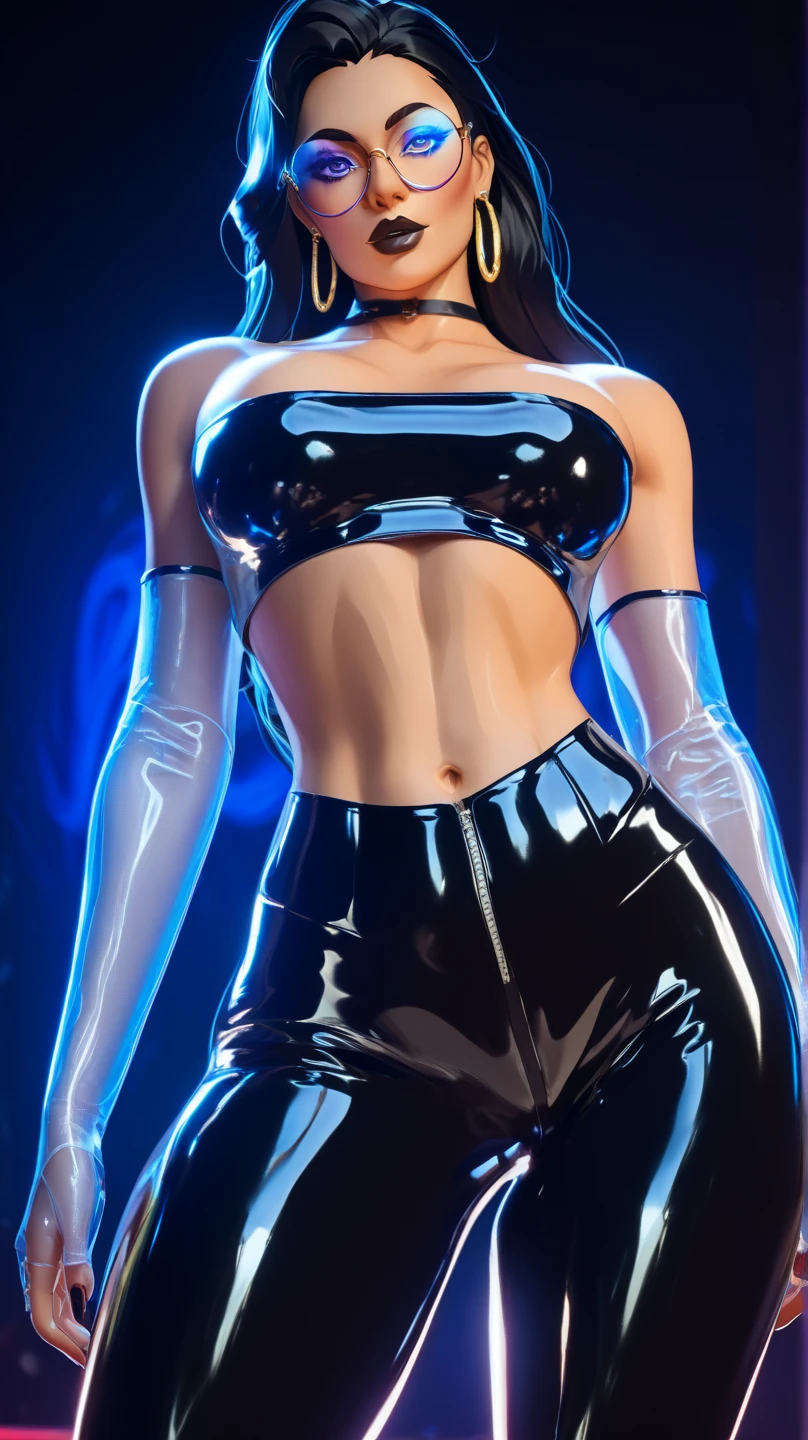 A Caucasian woman light blue eyes black hair and straight background shine5