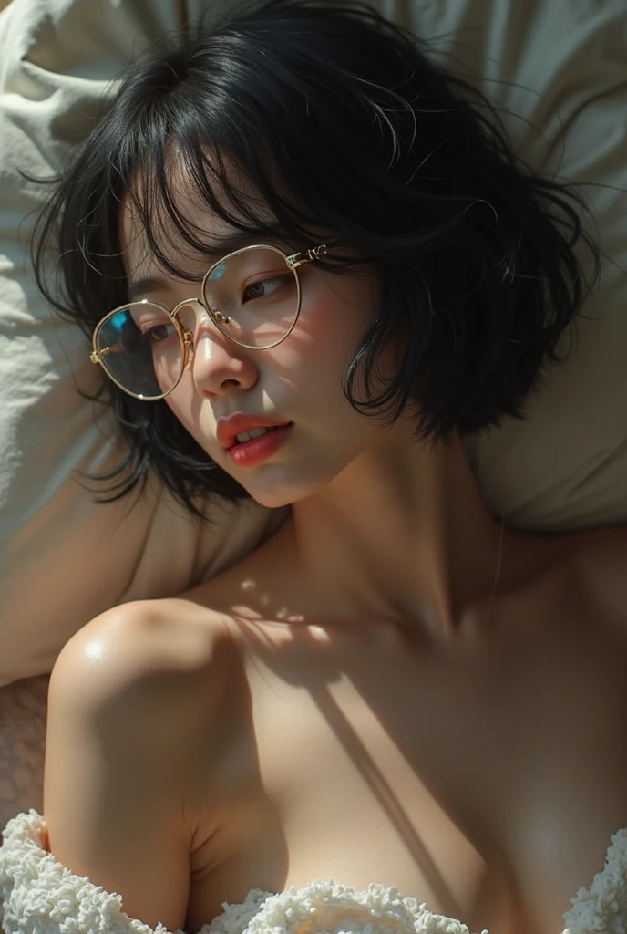 ((a slender girl lying back on a bed, she is 20 years old girl, tiny tits, flat chested, short hair, eyeglasses)), (close eyes, open mouth 1:2), beautiful detailed lips, beautiful detailed eyes,ultra-detailed,highres,professional, soft lighting,(ultra realistic japanese girl),looking at viewer,(ultra realistic detailed hair),(moist and shining eyes), from above.