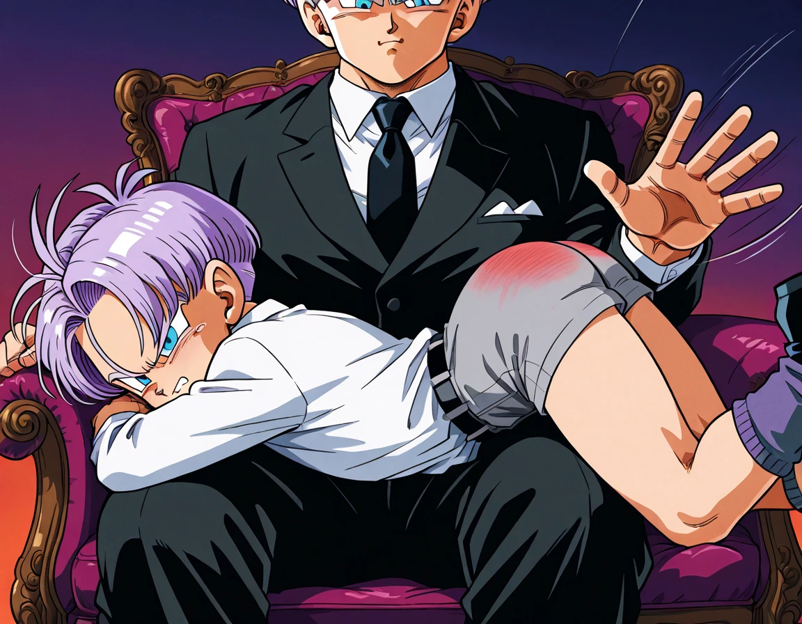 Ultra-detailed illustrations、Ultra-precise expression、masterpiece、Highest quality、ultra High resolution、High resolution、Hiromitsu Takeda Style、White background、Simple Background、sit、whole body、Luxurious sofa、Bulging crotch、Big crotch、White Suit、Black socks、One fat old man、おじさんがソファにsit、Bald Head、No Face、solo、Leather shoes、penis、Gold tie、Mash Kyrielight、light purple hair,short hair、Completely naked、Blowjob、Back view、back、が膝をついてBlowjobをする、